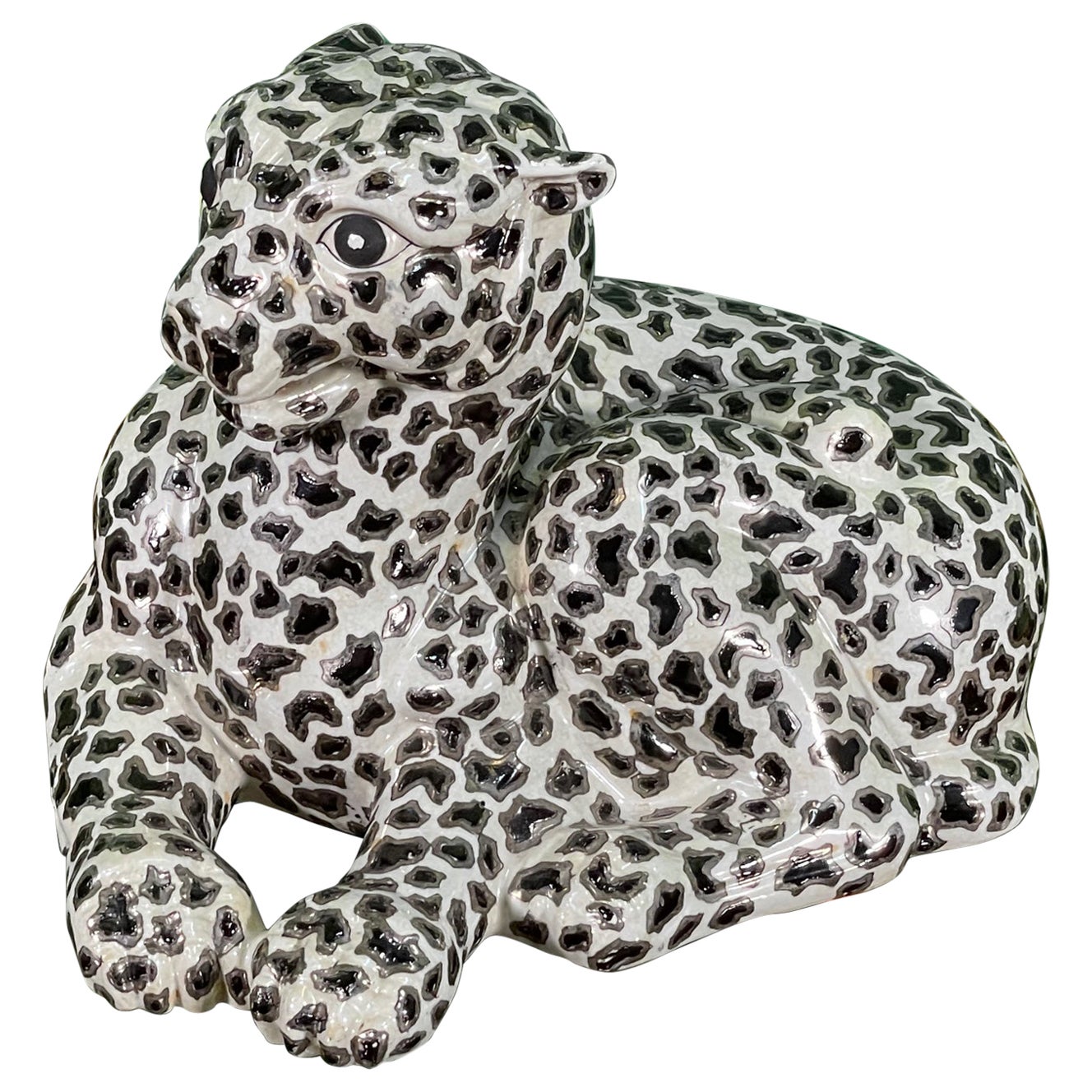 Porcelain Silver and Black Leopard Statue For Sale
