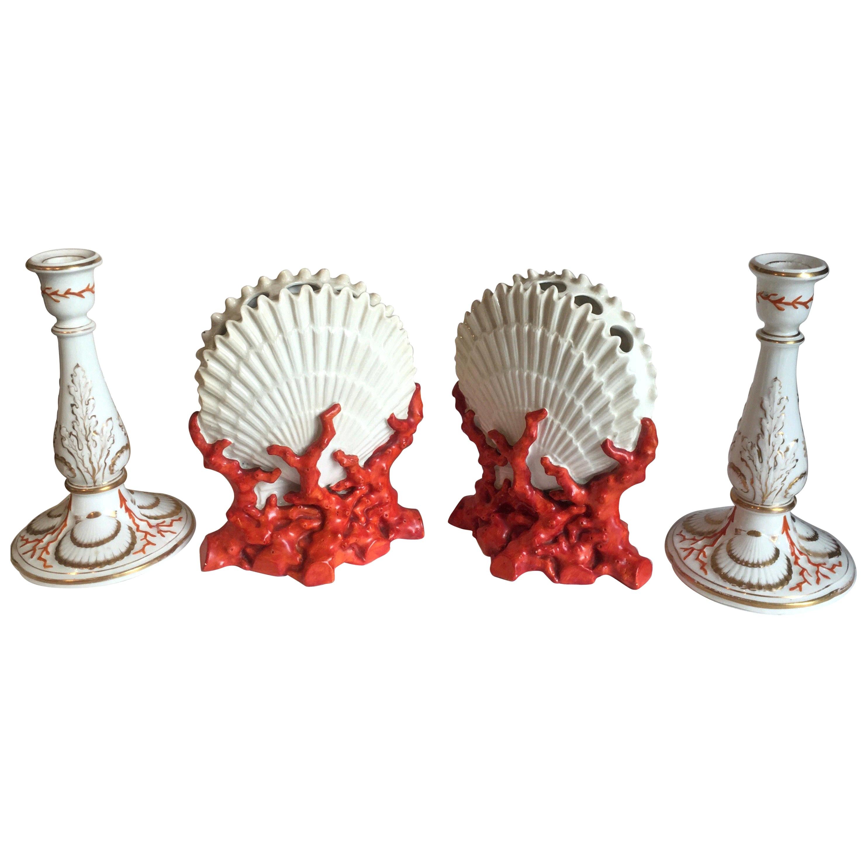 Porcelain Staffordshire Shell and Coral Form Bough Pots and Candlesticks For Sale