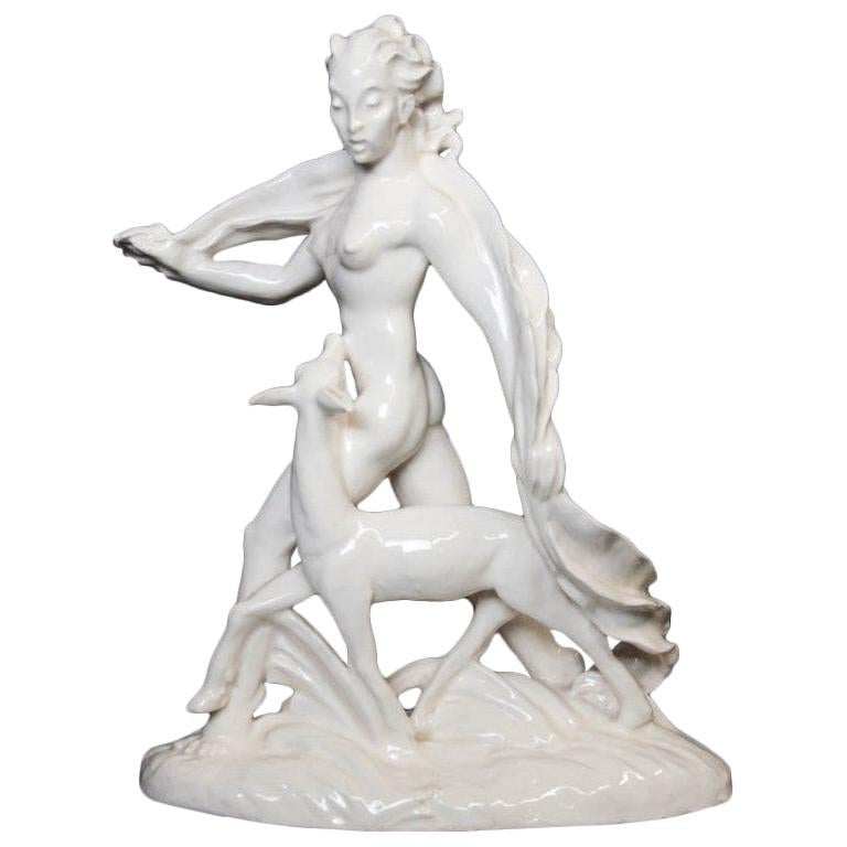 Porcelain Statue "Woman with Roe", Czechoslovakia, 1942, Rudolf Hlavina For Sale