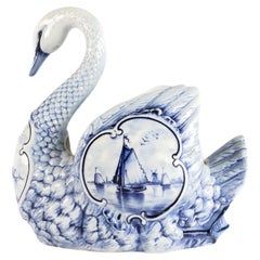 Jardiniere mit Schwan aus Porzellan von Rauenstein Thüringen in Delft blau