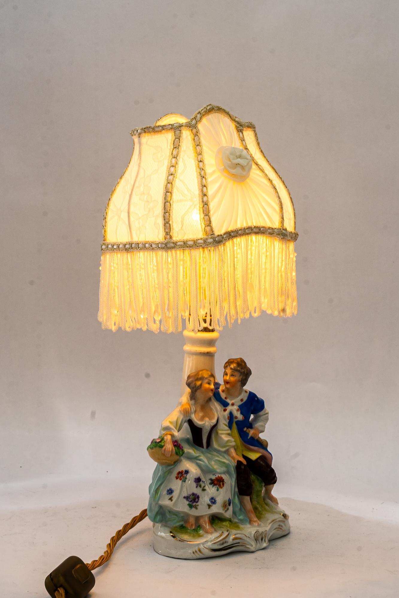 Porcelain table lamp with original fabric shade vienna around 1960s For Sale 4