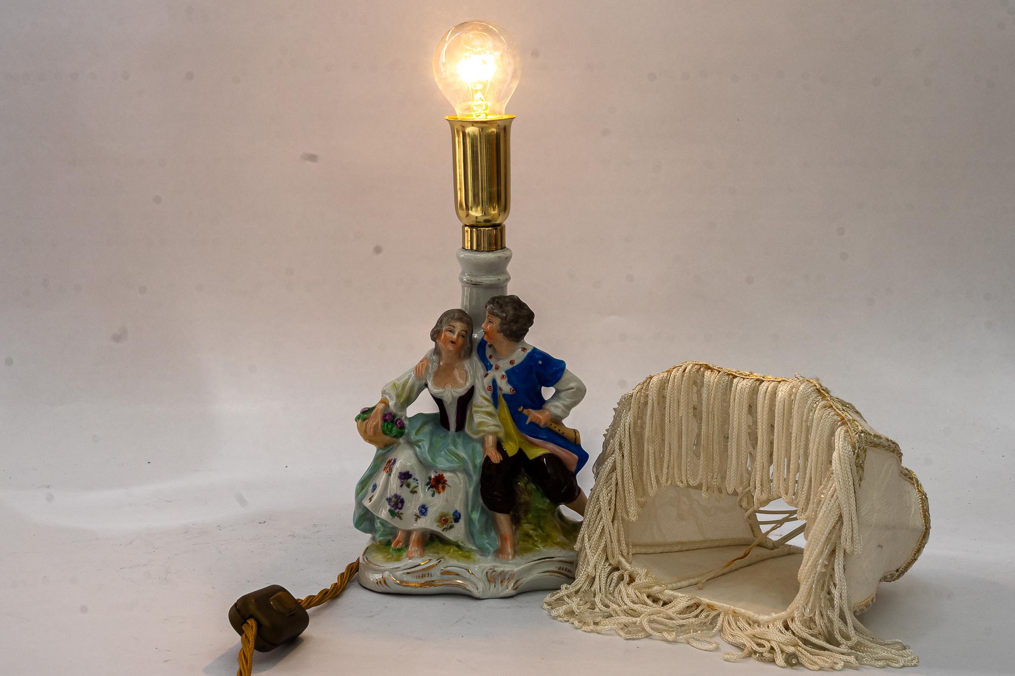 Porcelain table lamp with original fabric shade vienna around 1960s For Sale 5