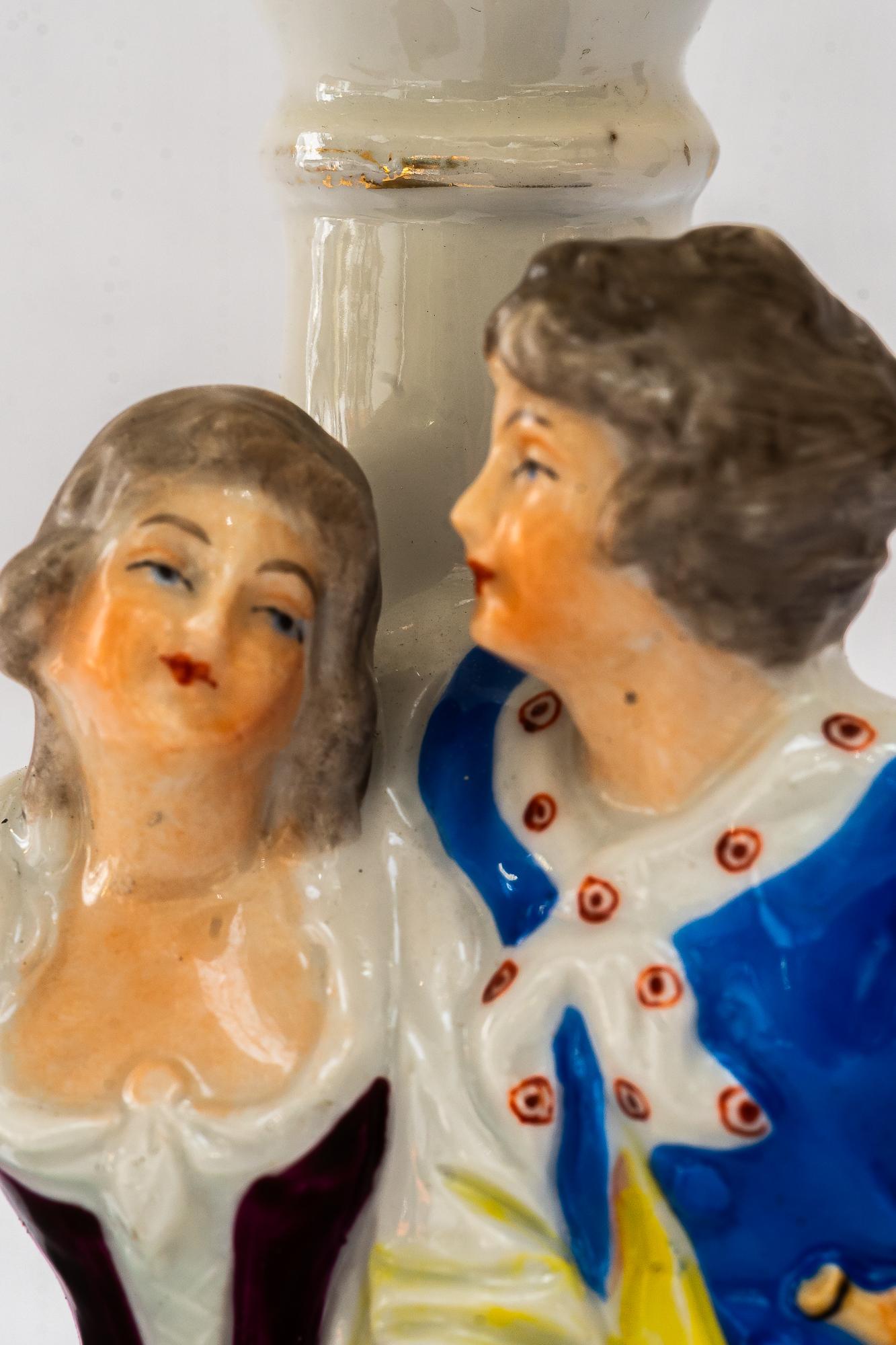 Porcelain table lamp with original fabric shade vienna around 1960s For Sale 7