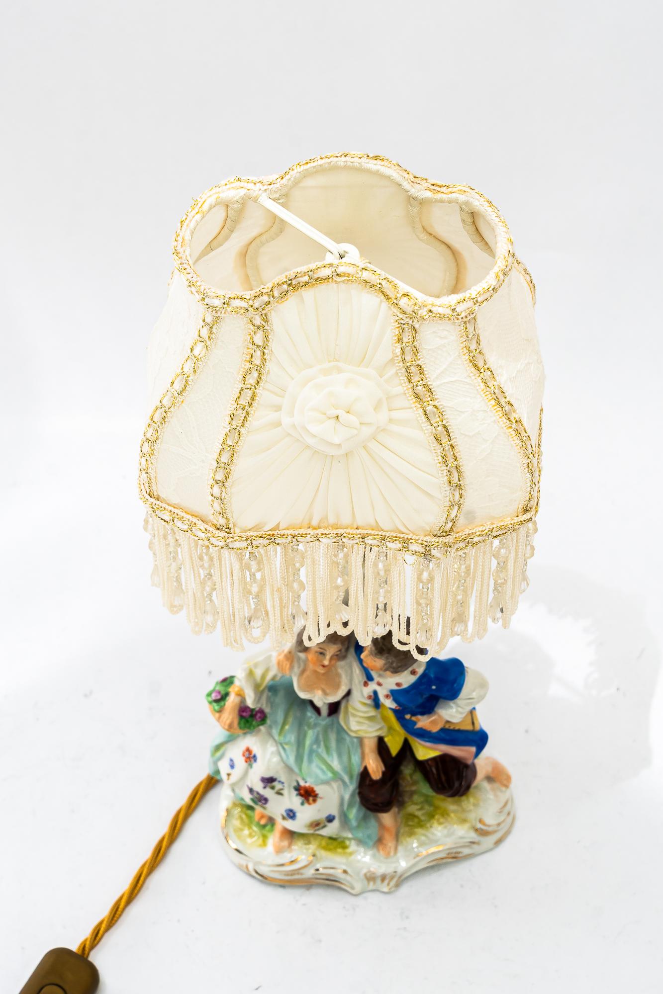 Porcelain table lamp with original fabric shade vienna around 1960s For Sale 11
