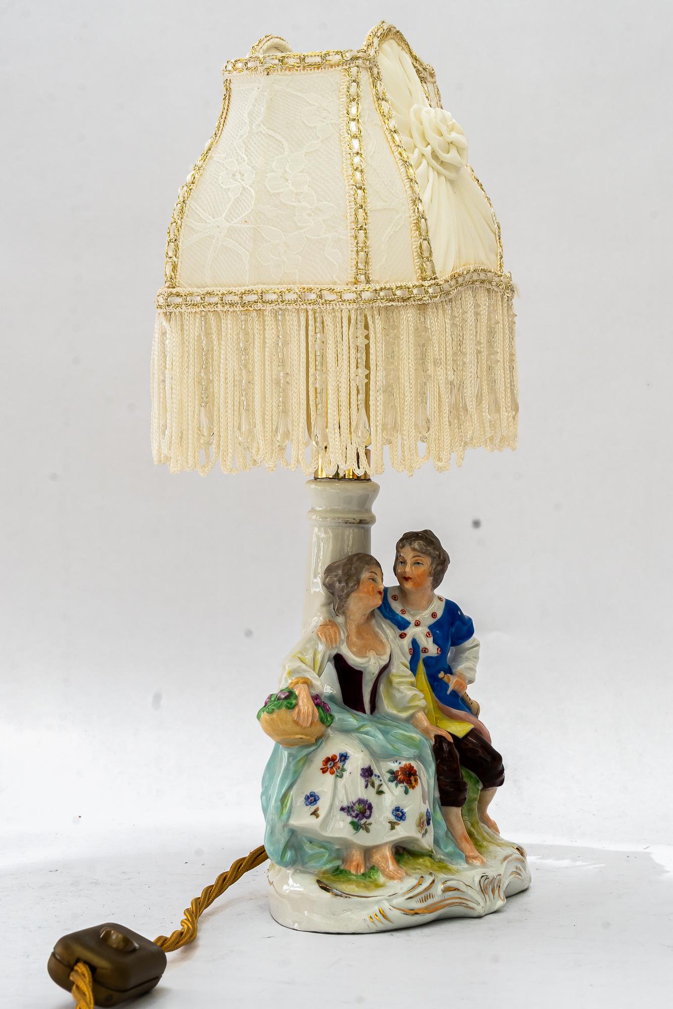 Mid-Century Modern Porcelain table lamp with original fabric shade vienna around 1960s For Sale