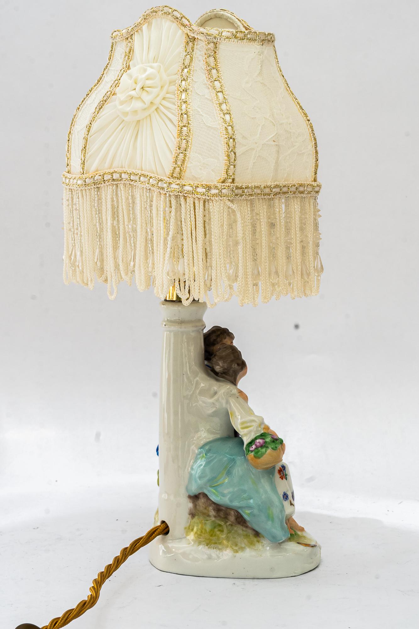 Austrian Porcelain table lamp with original fabric shade vienna around 1960s For Sale