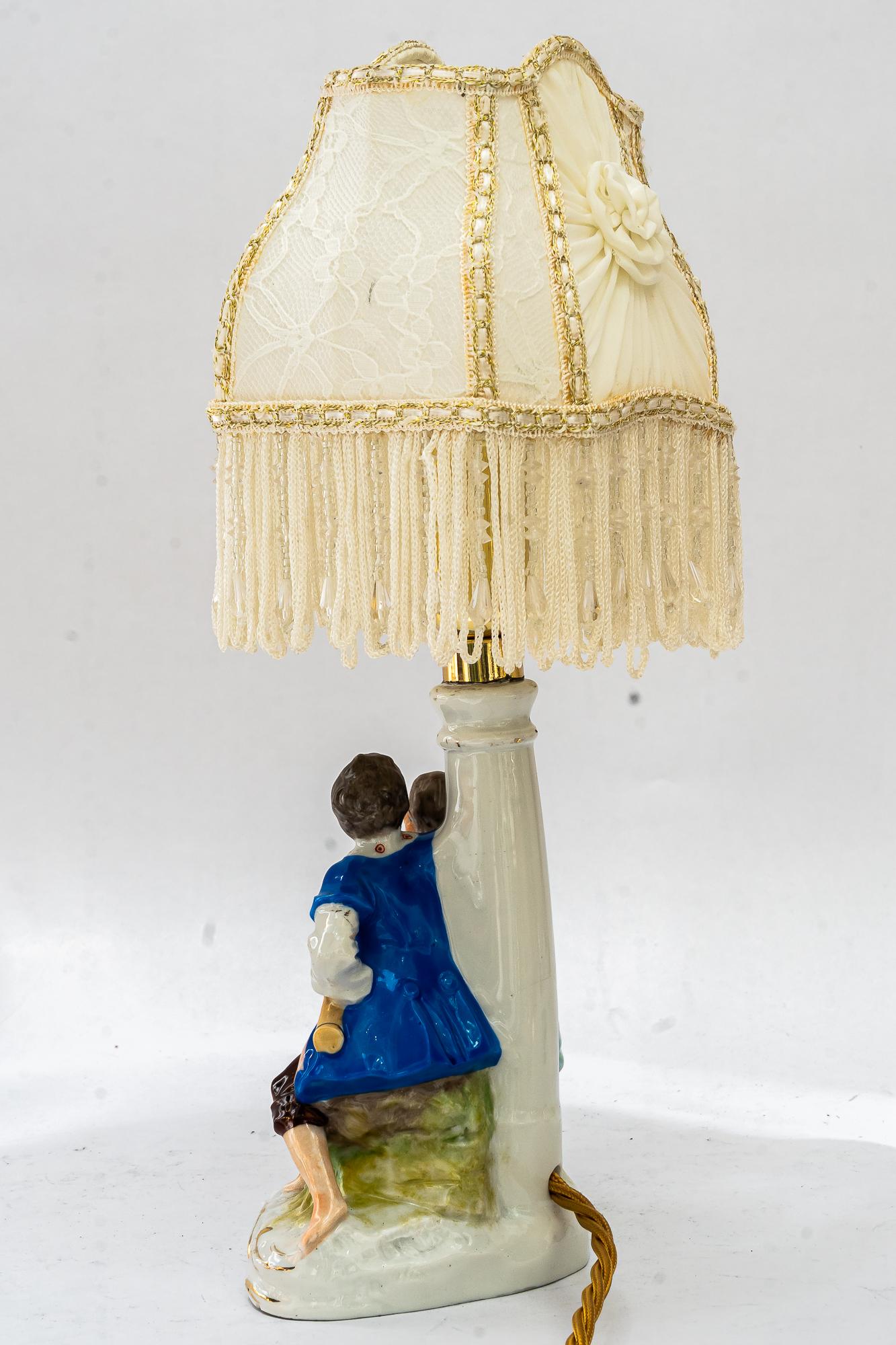 Mid-20th Century Porcelain table lamp with original fabric shade vienna around 1960s For Sale