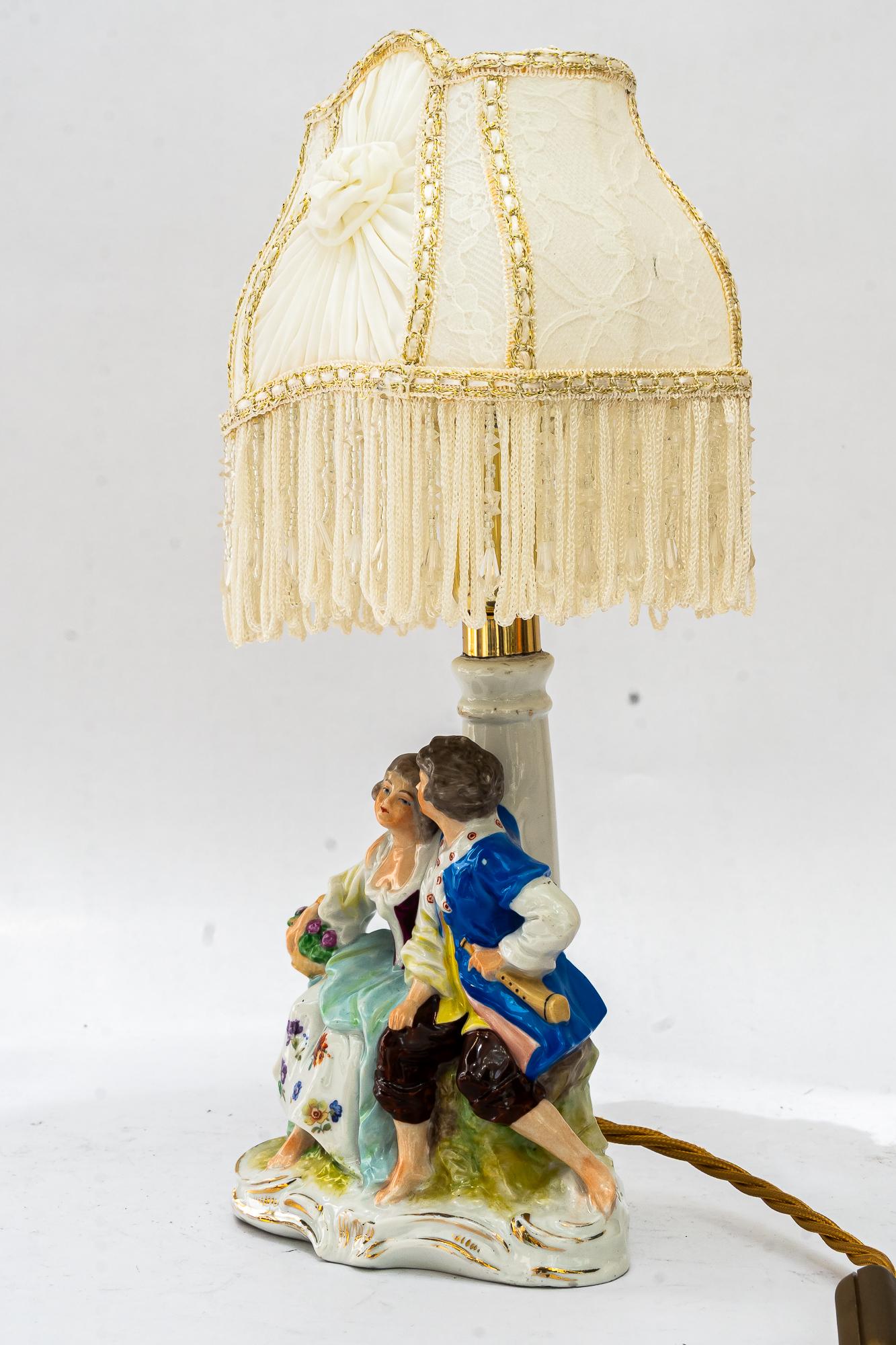 Porcelain table lamp with original fabric shade vienna around 1960s For Sale 1