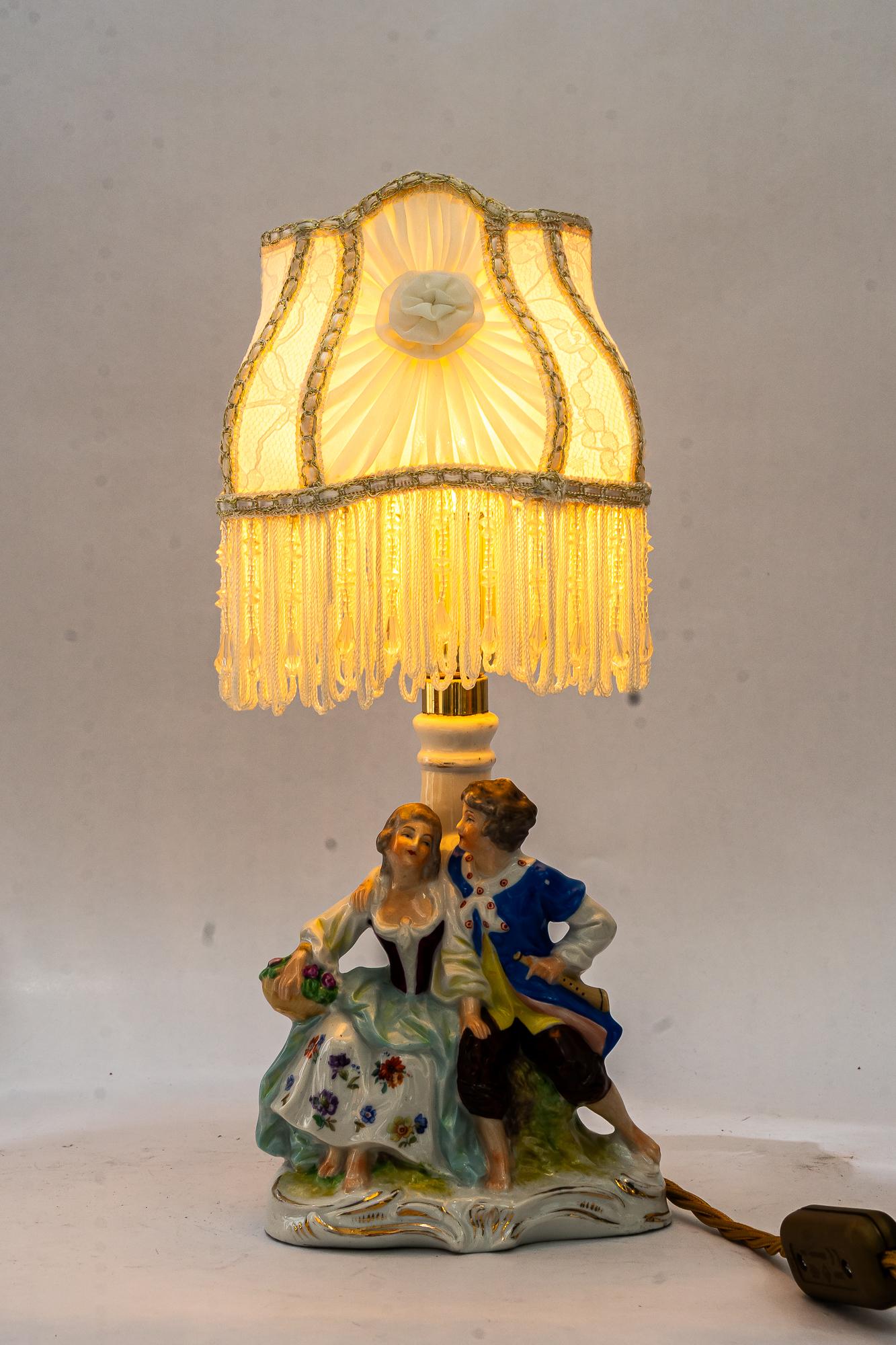 Porcelain table lamp with original fabric shade vienna around 1960s For Sale 2