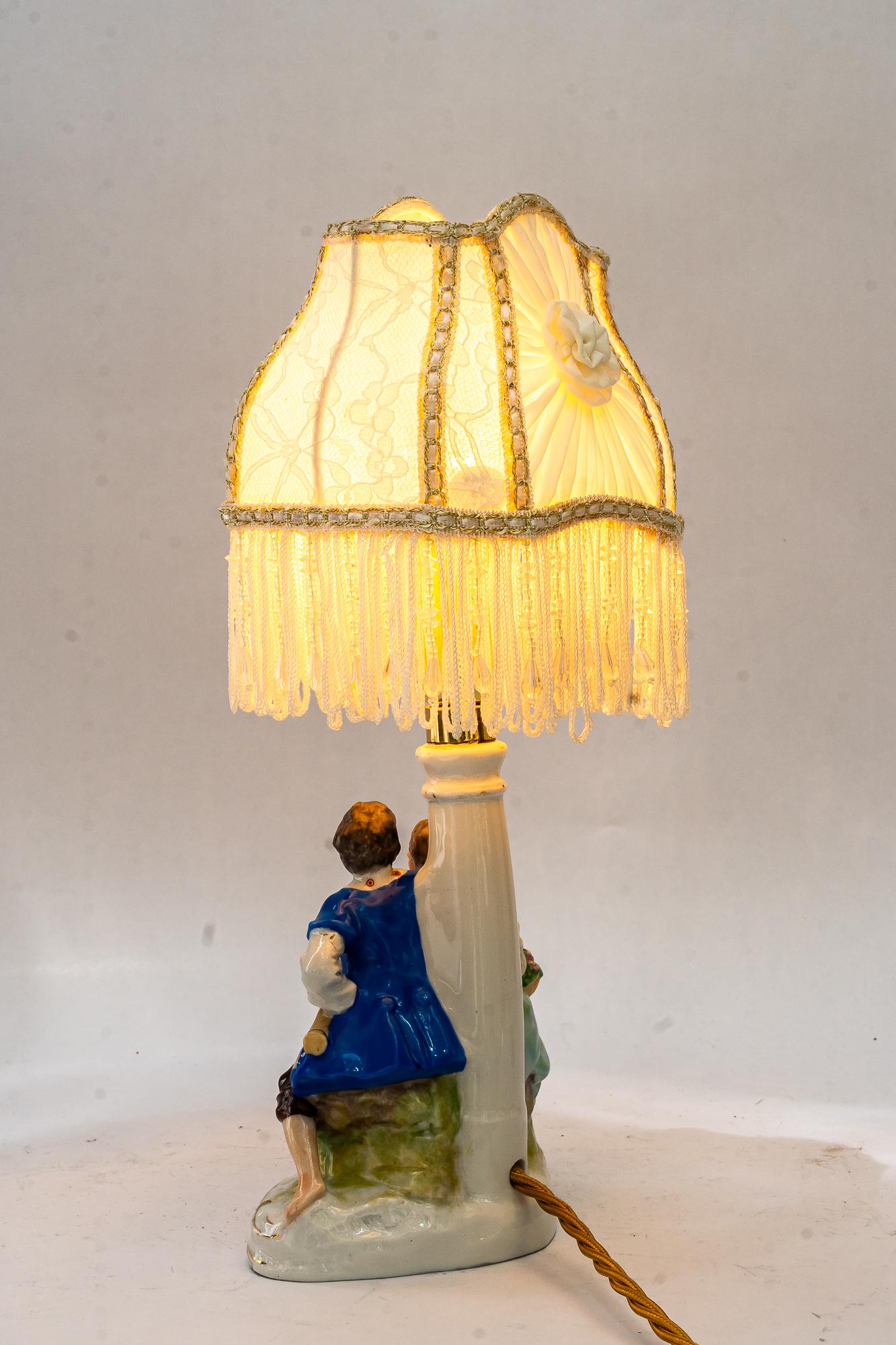Porcelain table lamp with original fabric shade vienna around 1960s For Sale 3