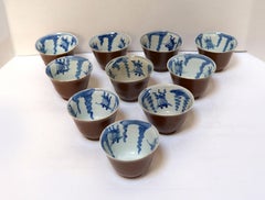 Porcelain Tea Bowls Vintage Blue and White with Japanese Silvered Hexagon Teapot