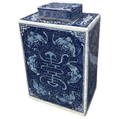 Antique Porcelain Tea Container with Good Luck Symbols, Early 20th Century