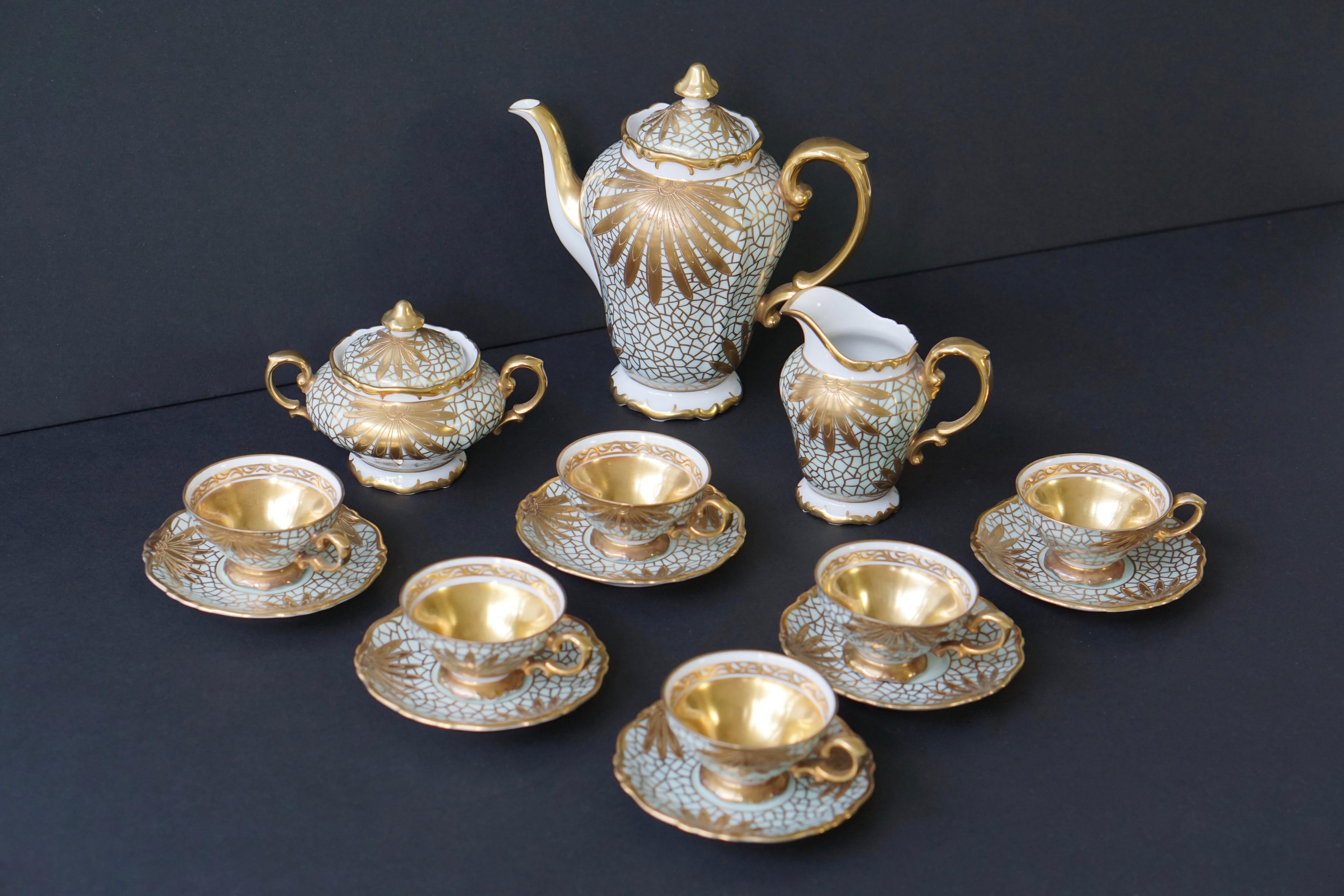 Porzellan Tee oder Kaffee Set für Heinrich Selb Bayern Deutschland Gold/Weiß (Moderne der Mitte des Jahrhunderts)