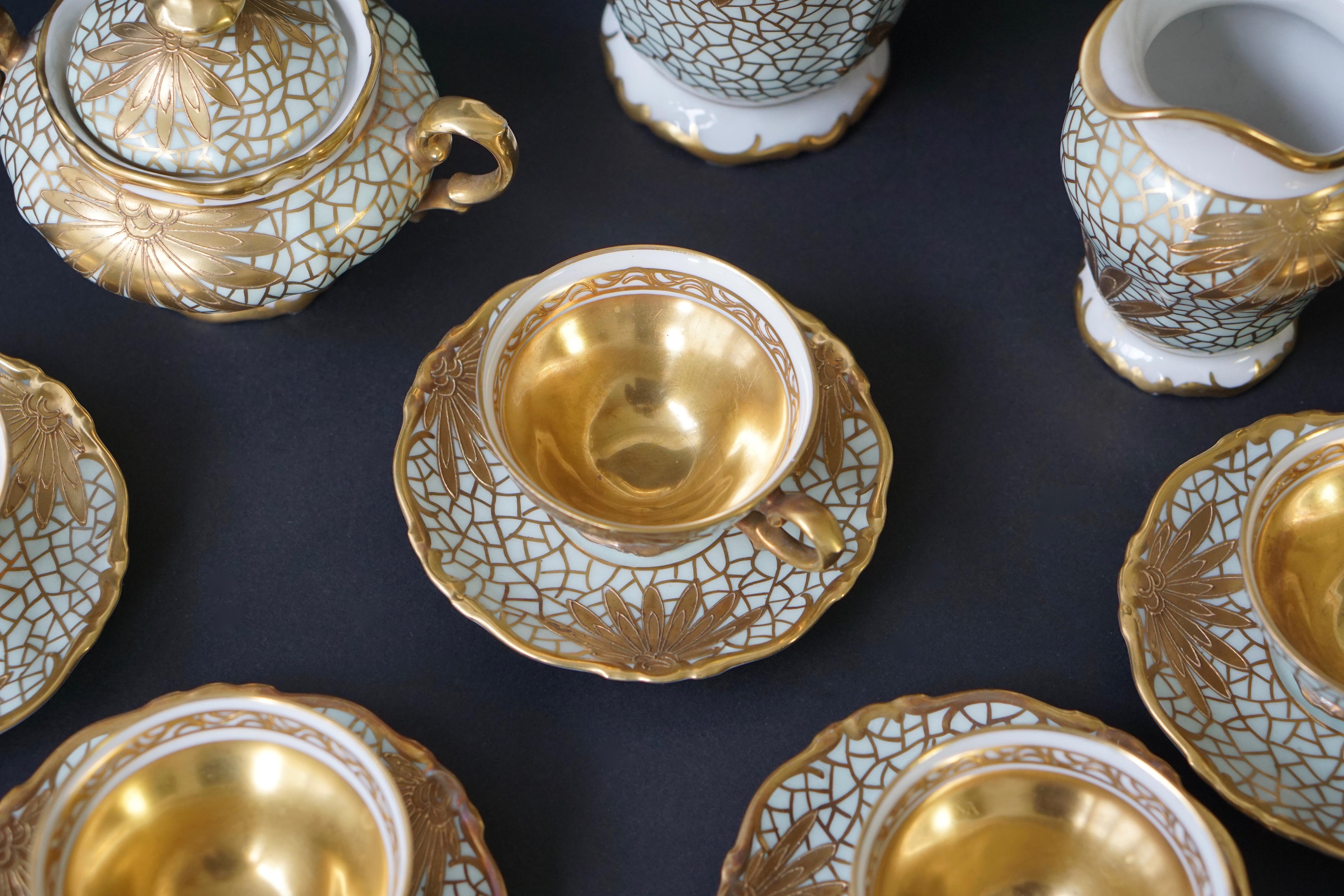 Gilt Porcelain Tea or Coffee Set for Heinrich Selb Bavaria Germany Gold/White