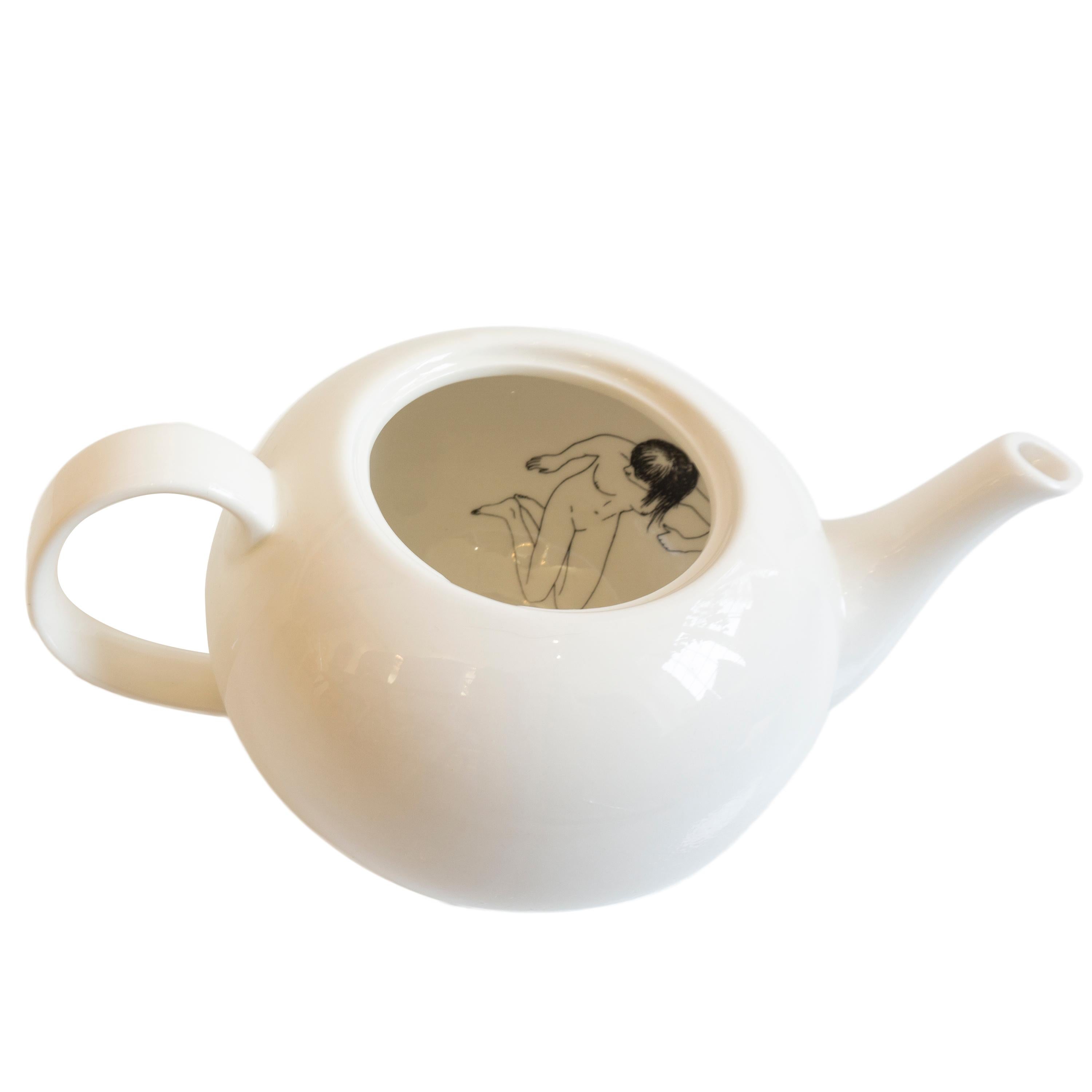 Glazed Porcelain Tea Pot with Undressed Woman For Sale