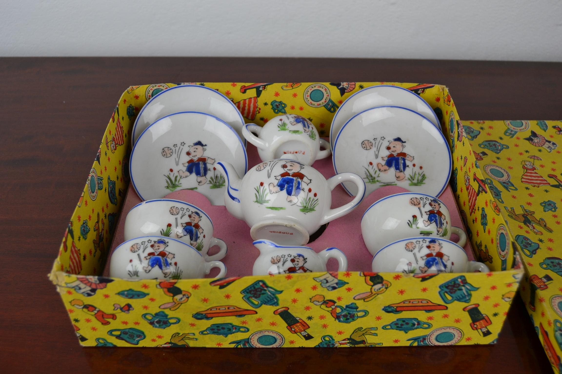Japanese Porcelain Tea Set for Children, Pig Toy Tea Set, Foreign, Made in Japan