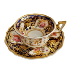 Porcelain Teacup, Ridgway, Cobalt Blue, Gilt and Flowers, Regency ca 1825