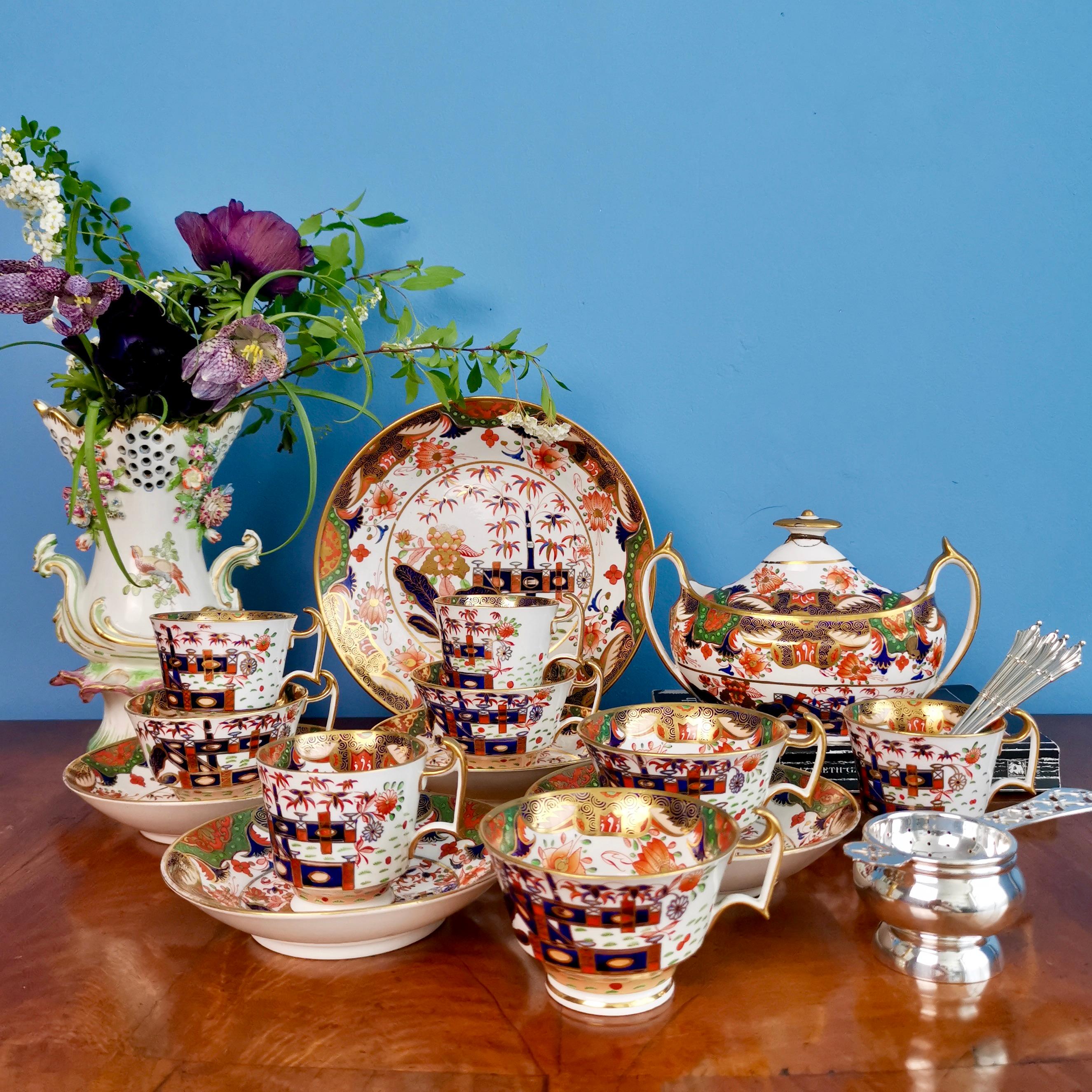 This is a beautiful true trio made by Spode around 1815. The set is decorated in the famous Imari Tobacco Leaf pattern 967. In the early 19th Century, cups and saucers were sold as 