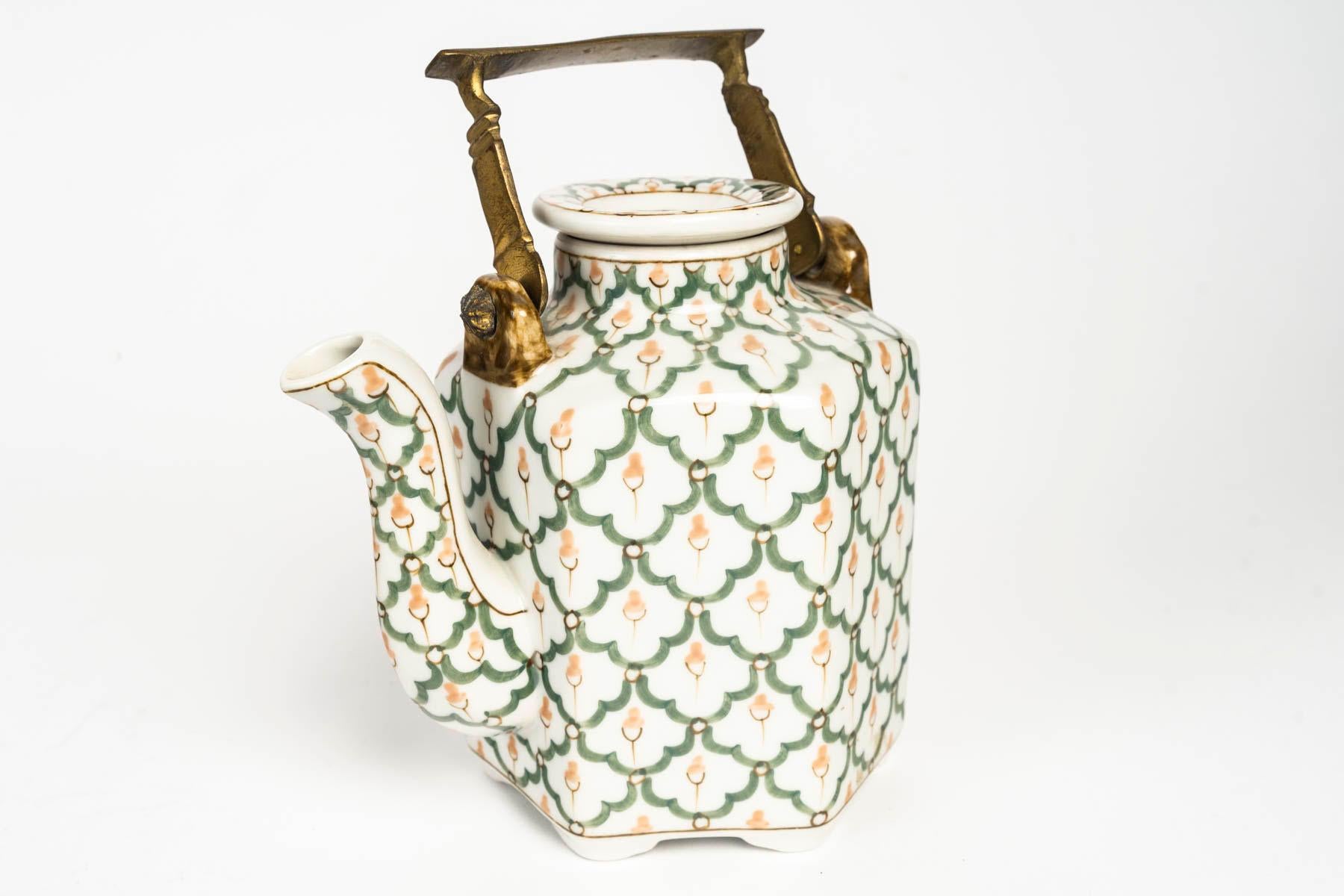Napoleon III Porcelain Teapot, Bronze Handle, 20th Century. For Sale
