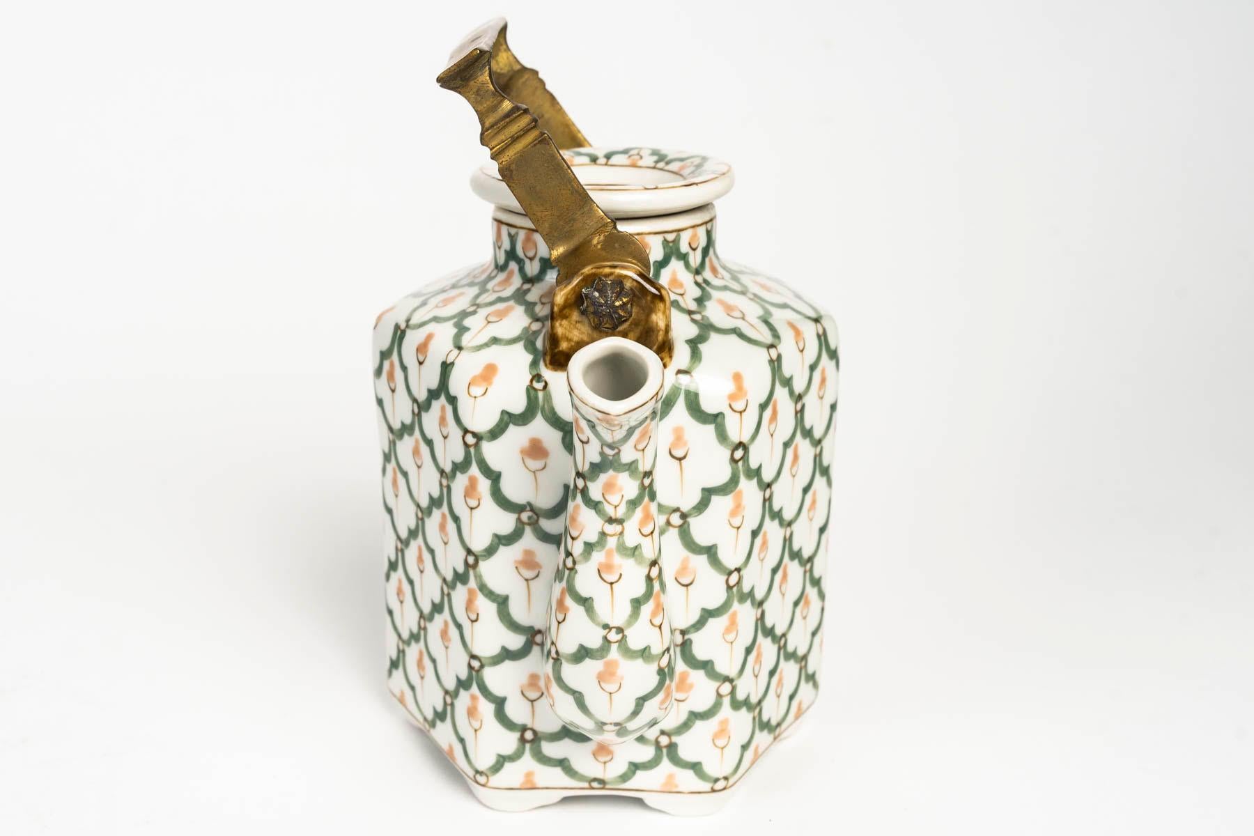 Hand-Painted Porcelain Teapot, Bronze Handle, 20th Century. For Sale