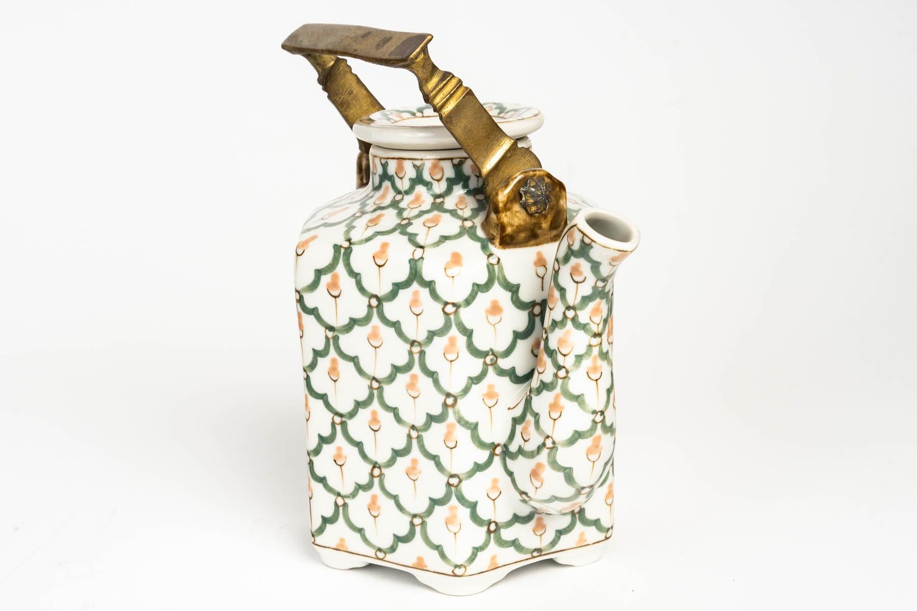 Porcelain Teapot, Bronze Handle, 20th Century. In Good Condition For Sale In Saint-Ouen, FR