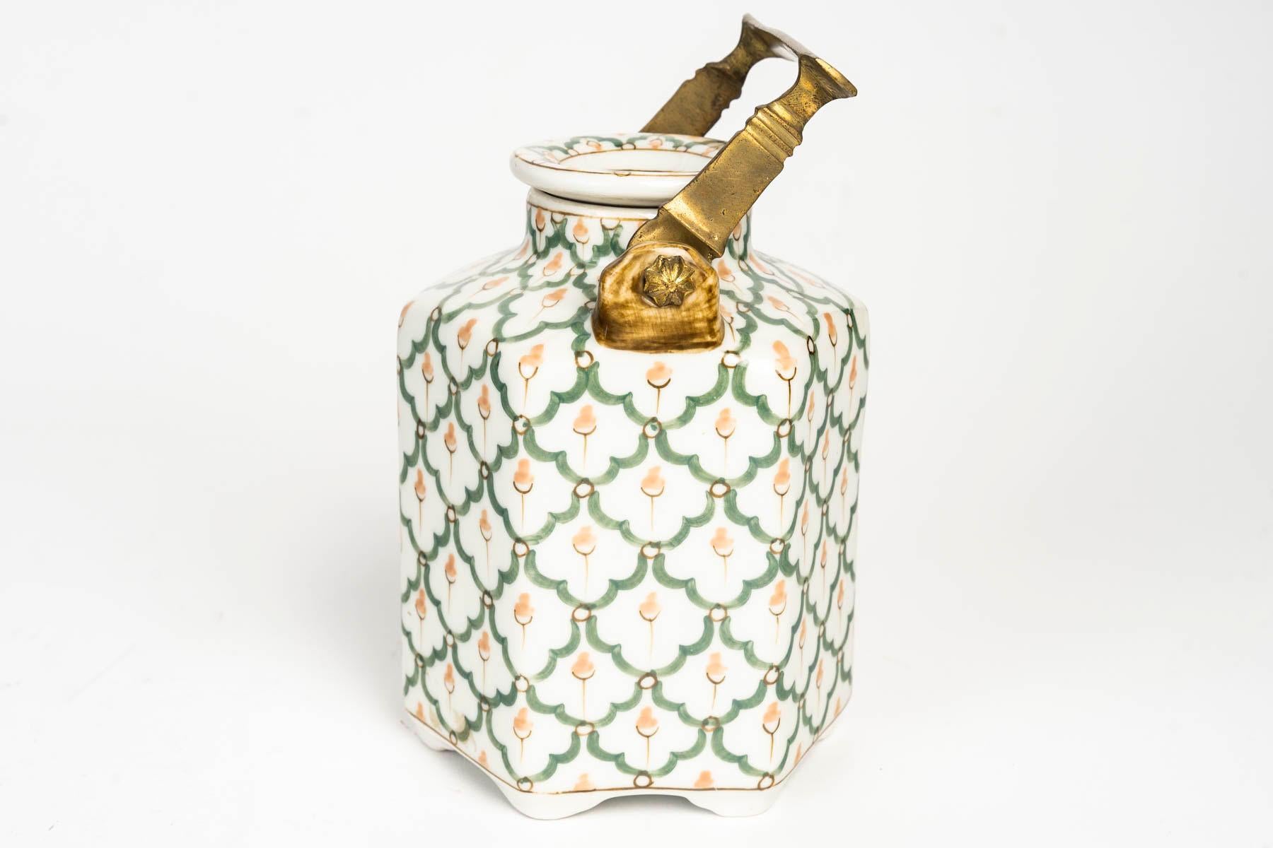 Porcelain Teapot, Bronze Handle, 20th Century. For Sale 1