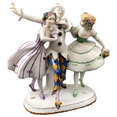 Porcelain Thuringia Germany Figure Dancing Harlequin Columbines, Stamped, 1932