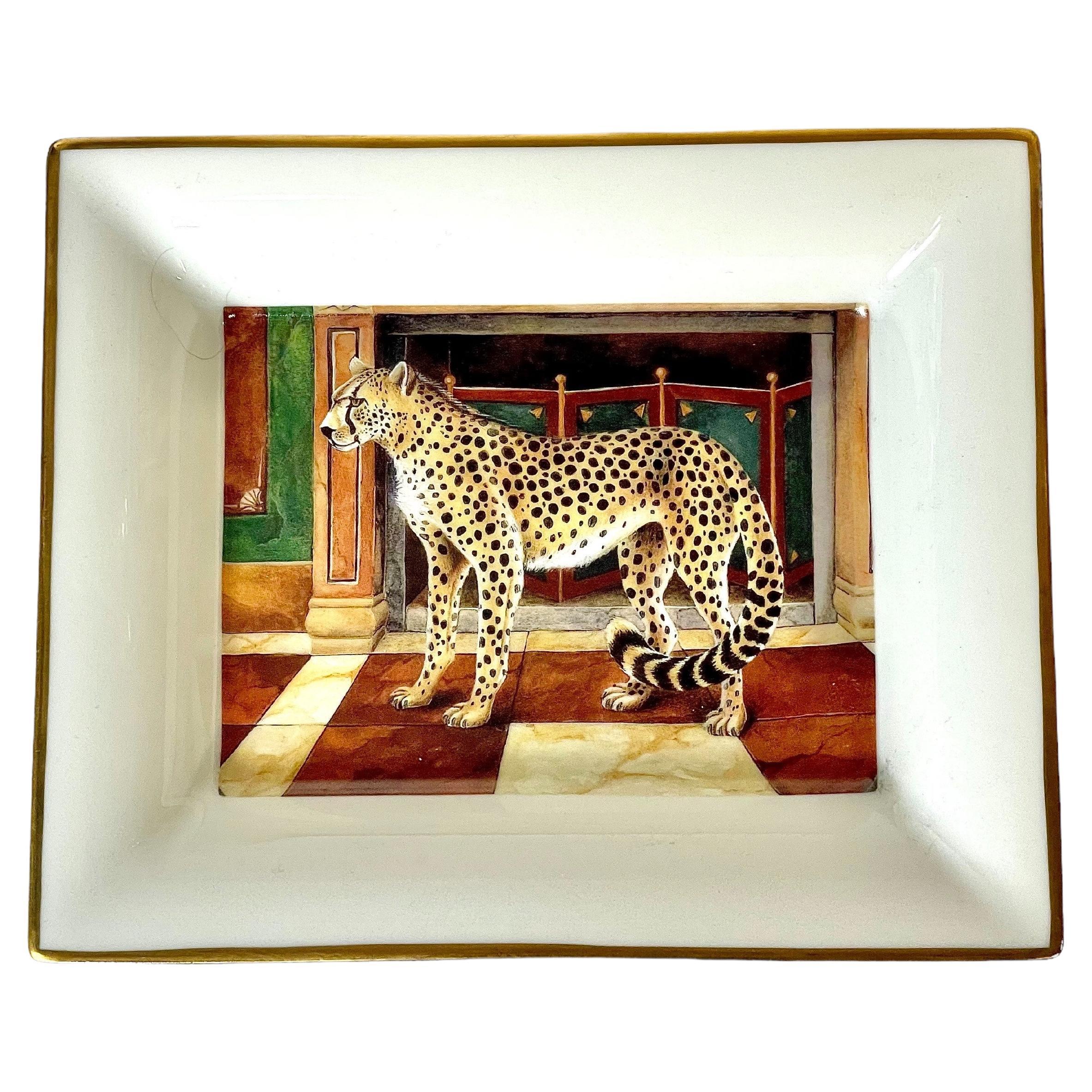 Limoges Porcelain Trinket Dish with Painted Cheetah Design For Sale