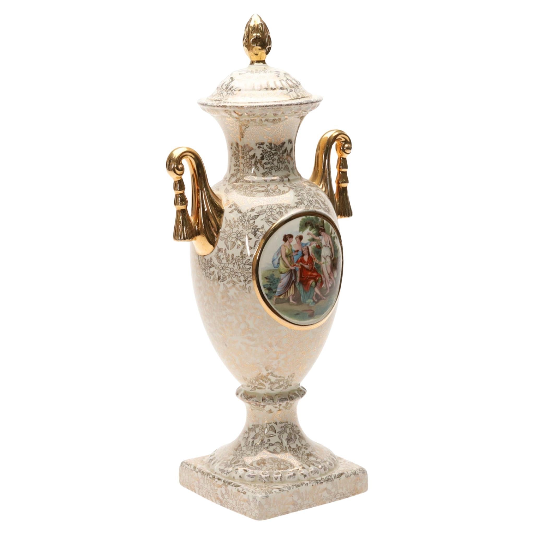 Porcelain Urn Large Empire England Classical Scene and Gold Gilt Handles Vase