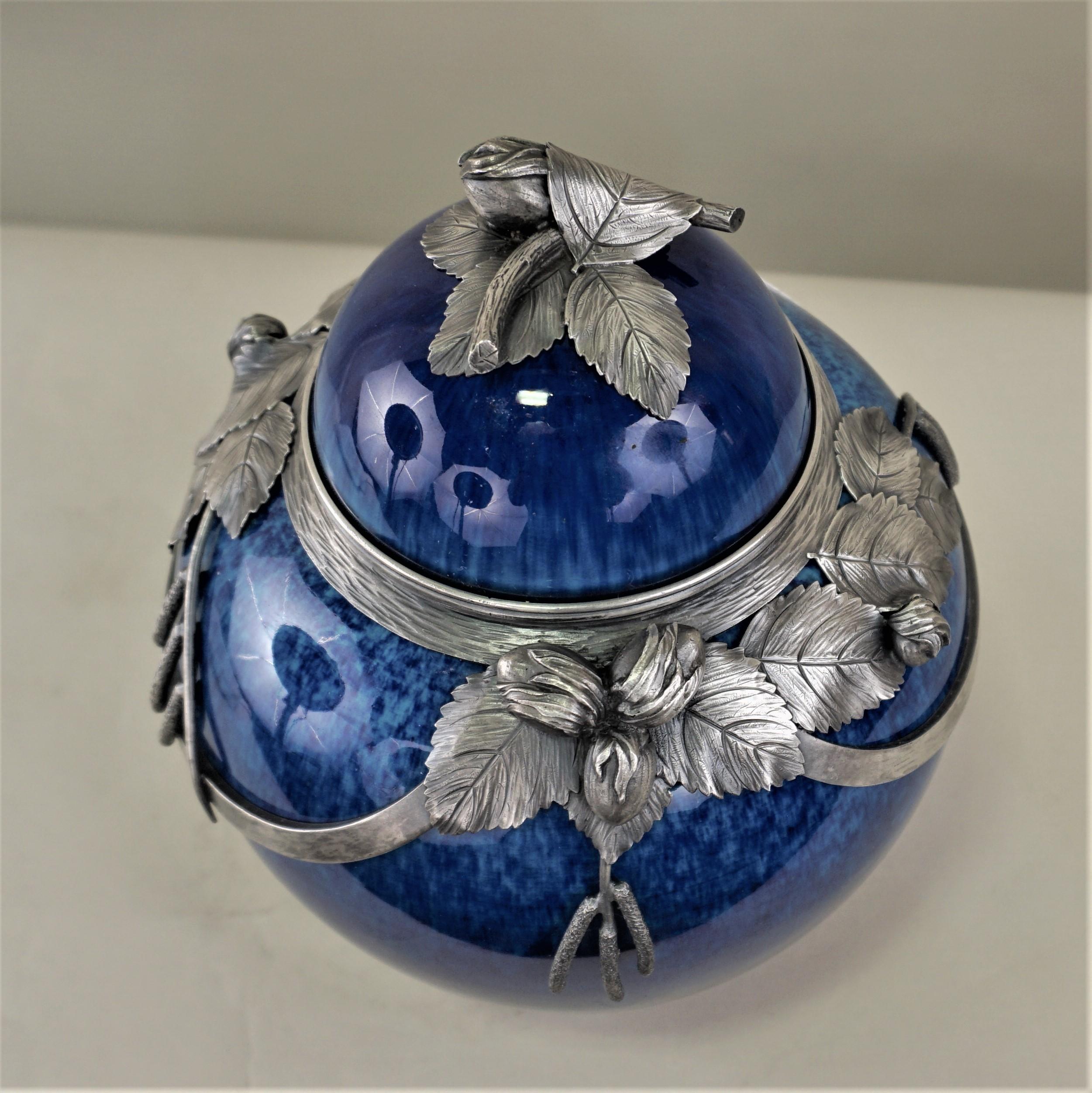 Beautiful blue porcelain vase decorated by silver on bronze by Paul Milet for Sevres.