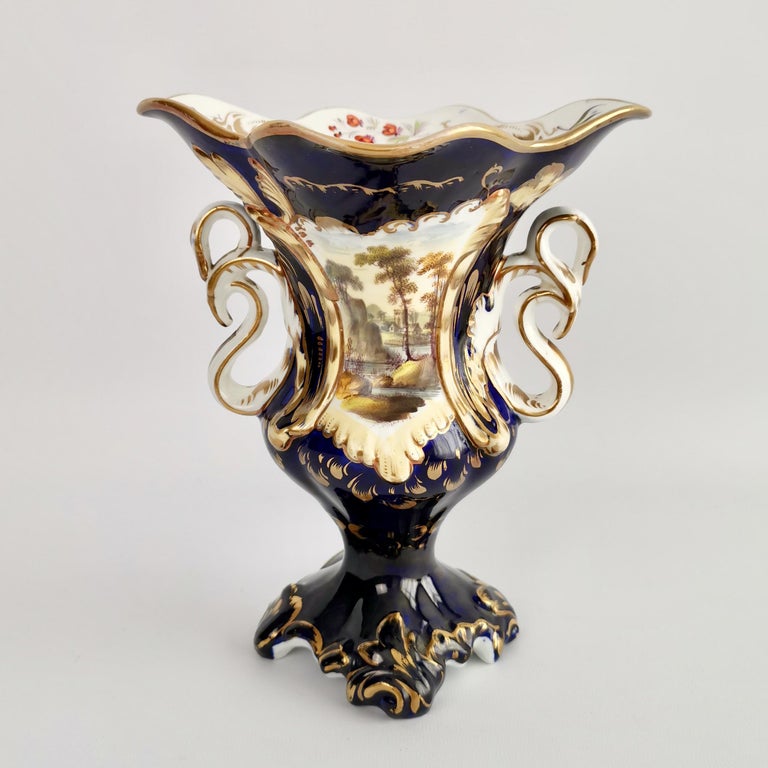 English Porcelain Vase Samuel Alcock, Cobalt Blue, Swan Handles, Rococo Revival For Sale