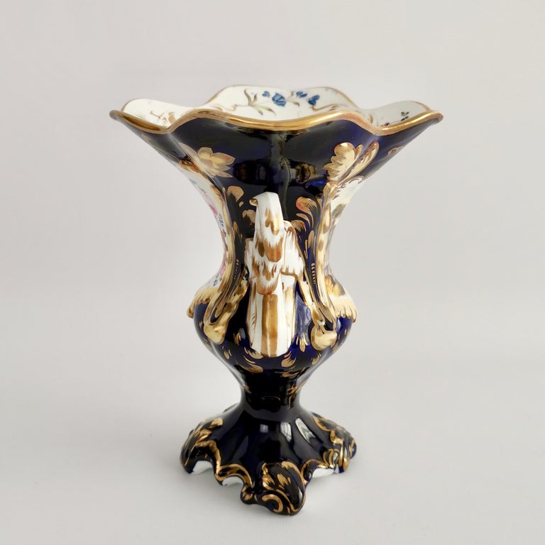 Hand-Painted Porcelain Vase Samuel Alcock, Cobalt Blue, Swan Handles, Rococo Revival For Sale