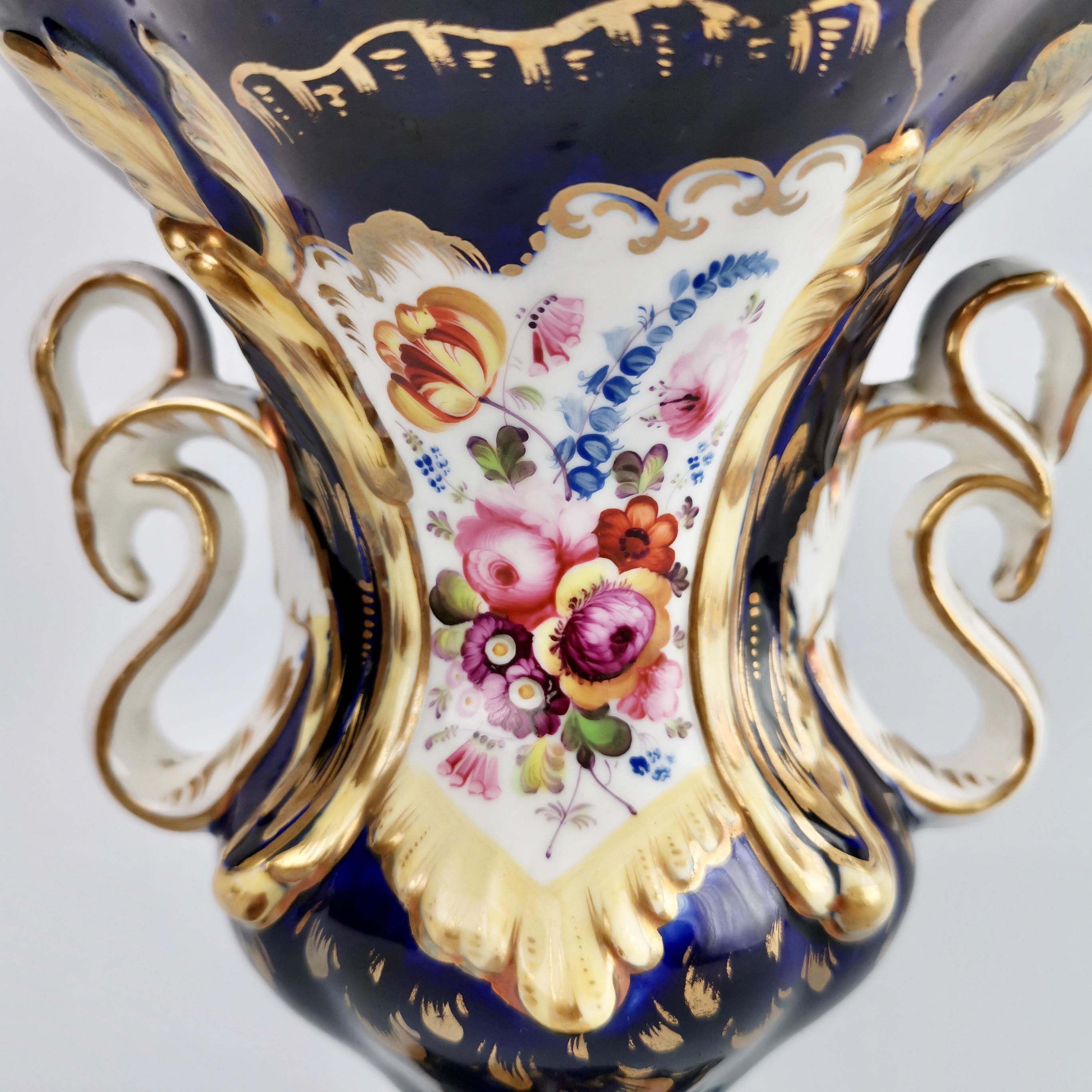 English Porcelain Vase Samuel Alcock, Cobalt Blue, Swan Handles, Rococo Revival