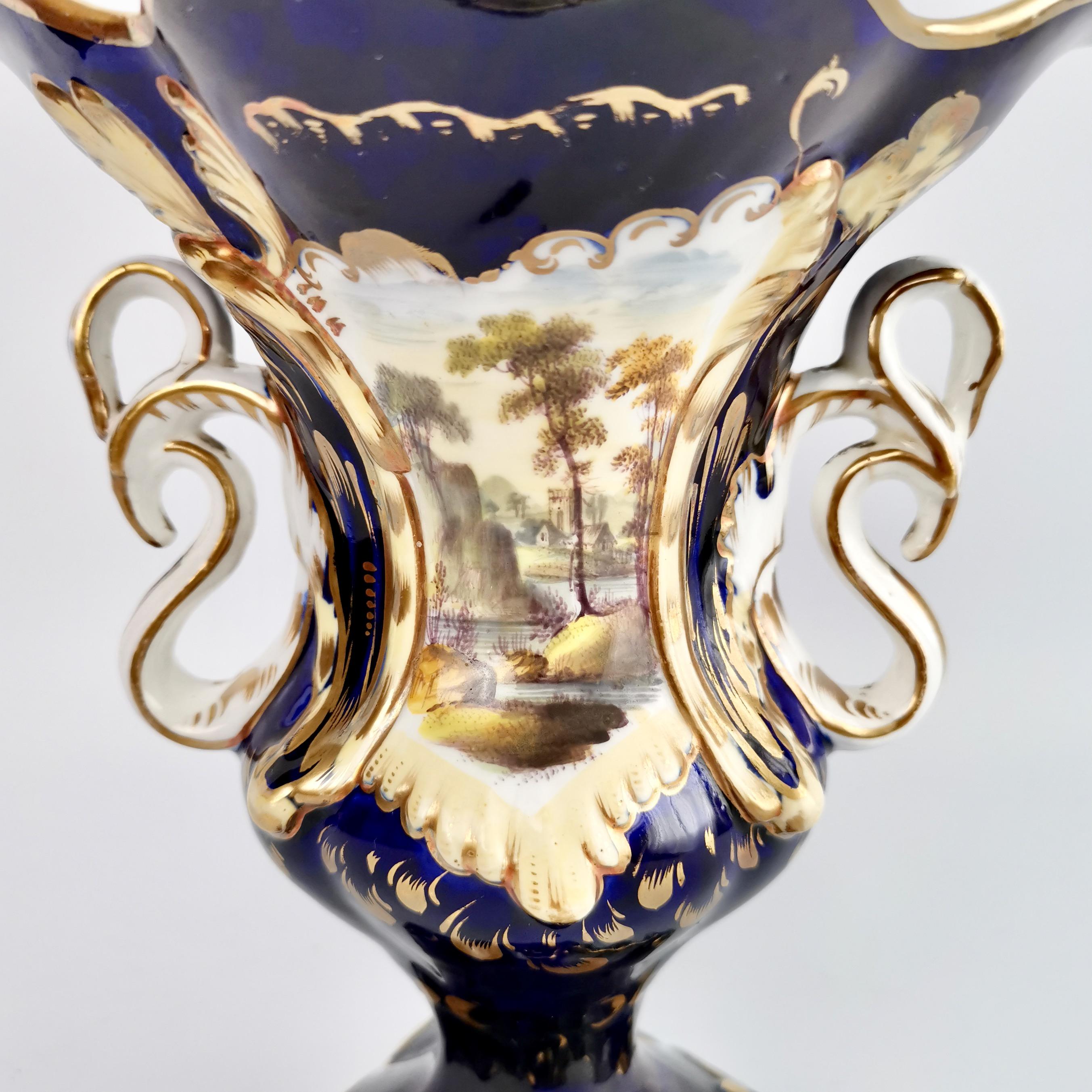 Hand-Painted Porcelain Vase Samuel Alcock, Cobalt Blue, Swan Handles, Rococo Revival