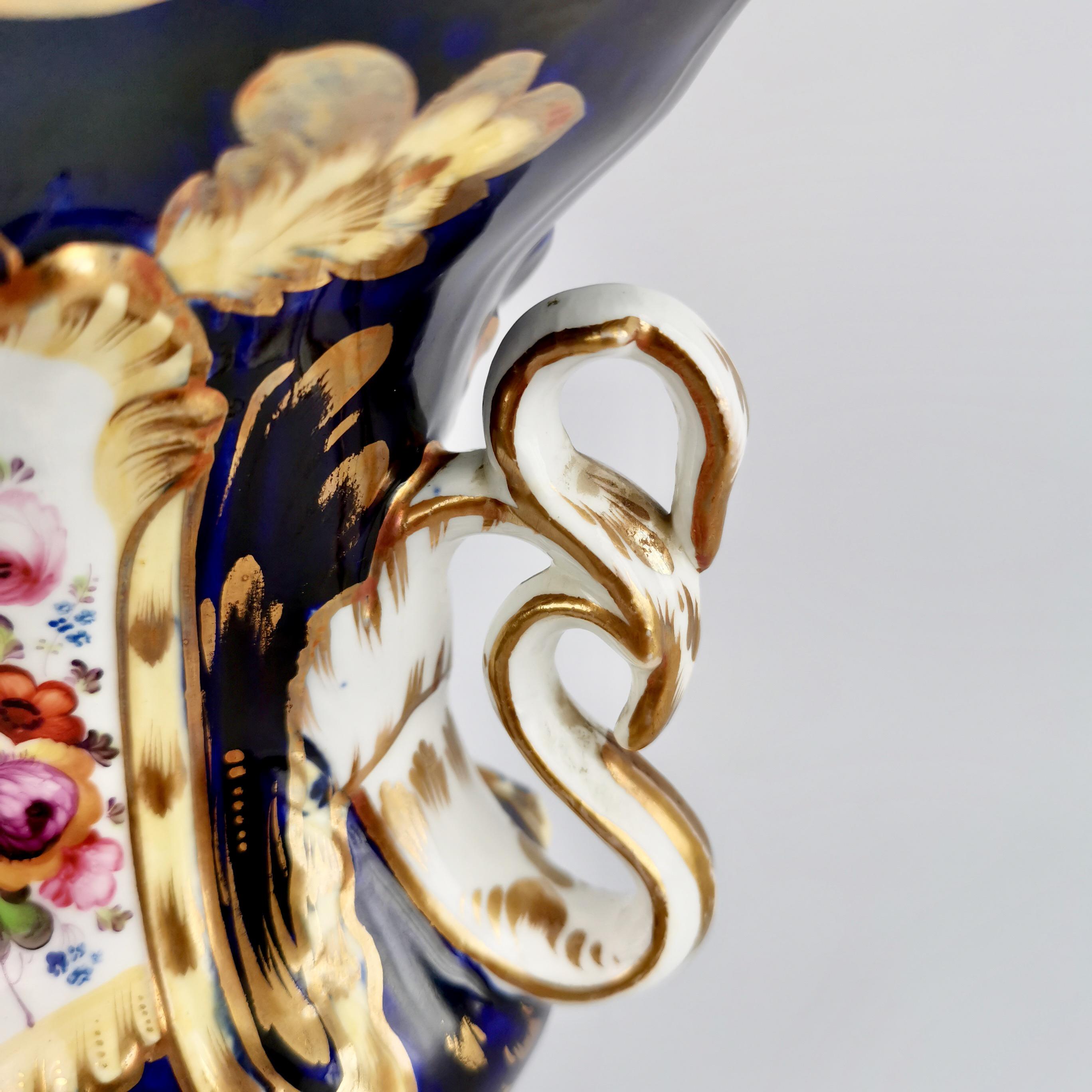 Porcelain Vase Samuel Alcock, Cobalt Blue, Swan Handles, Rococo Revival In Good Condition In London, GB