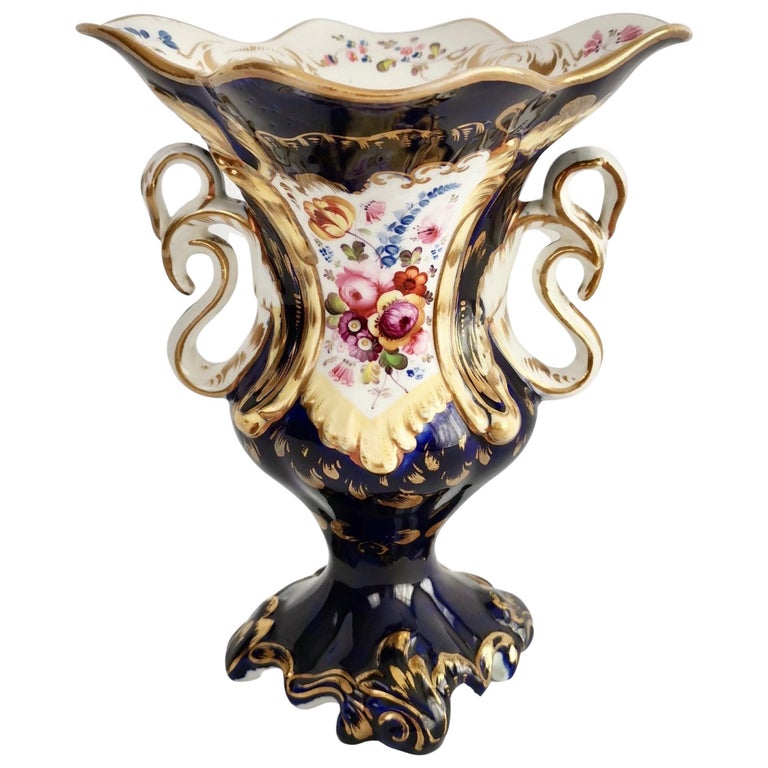 Porcelain Vase Samuel Alcock, Cobalt Blue, Swan Handles, Rococo Revival For Sale