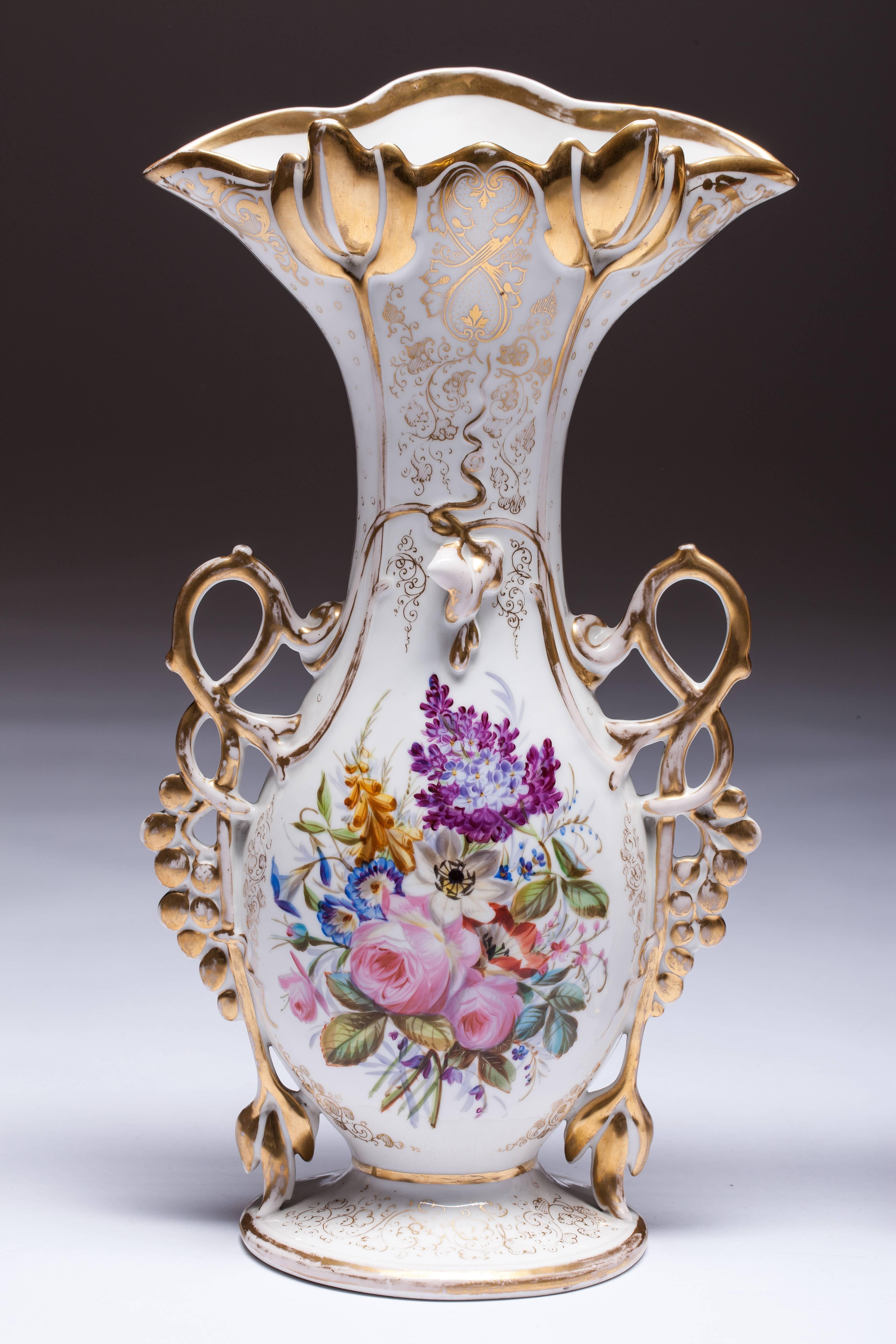 Rococo Porcelain Vases French 19th Century in Well Known Vieux Paris Porcelain Floral