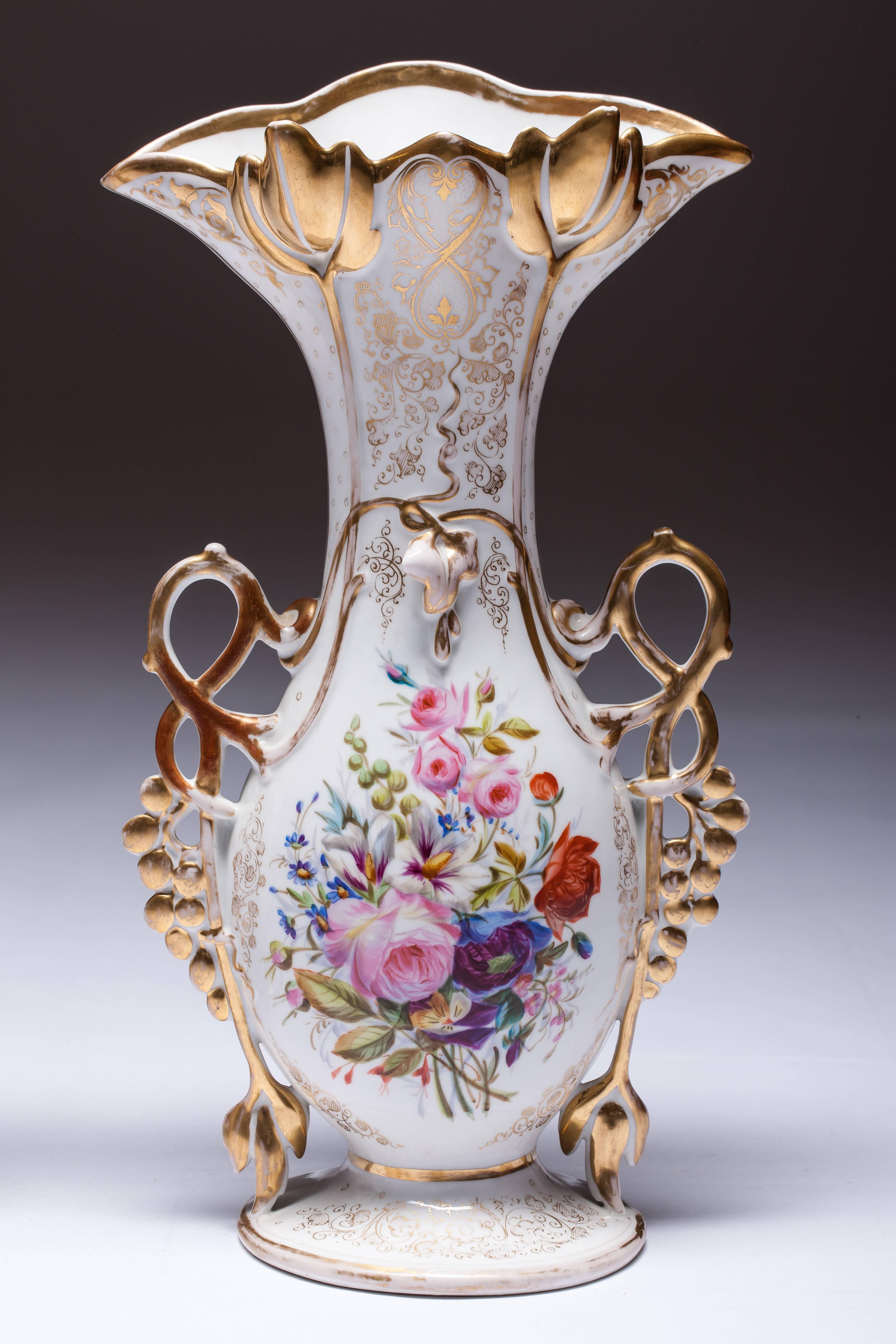 Hand-Painted Porcelain Vases French 19th Century in Well Known Vieux Paris Porcelain Floral