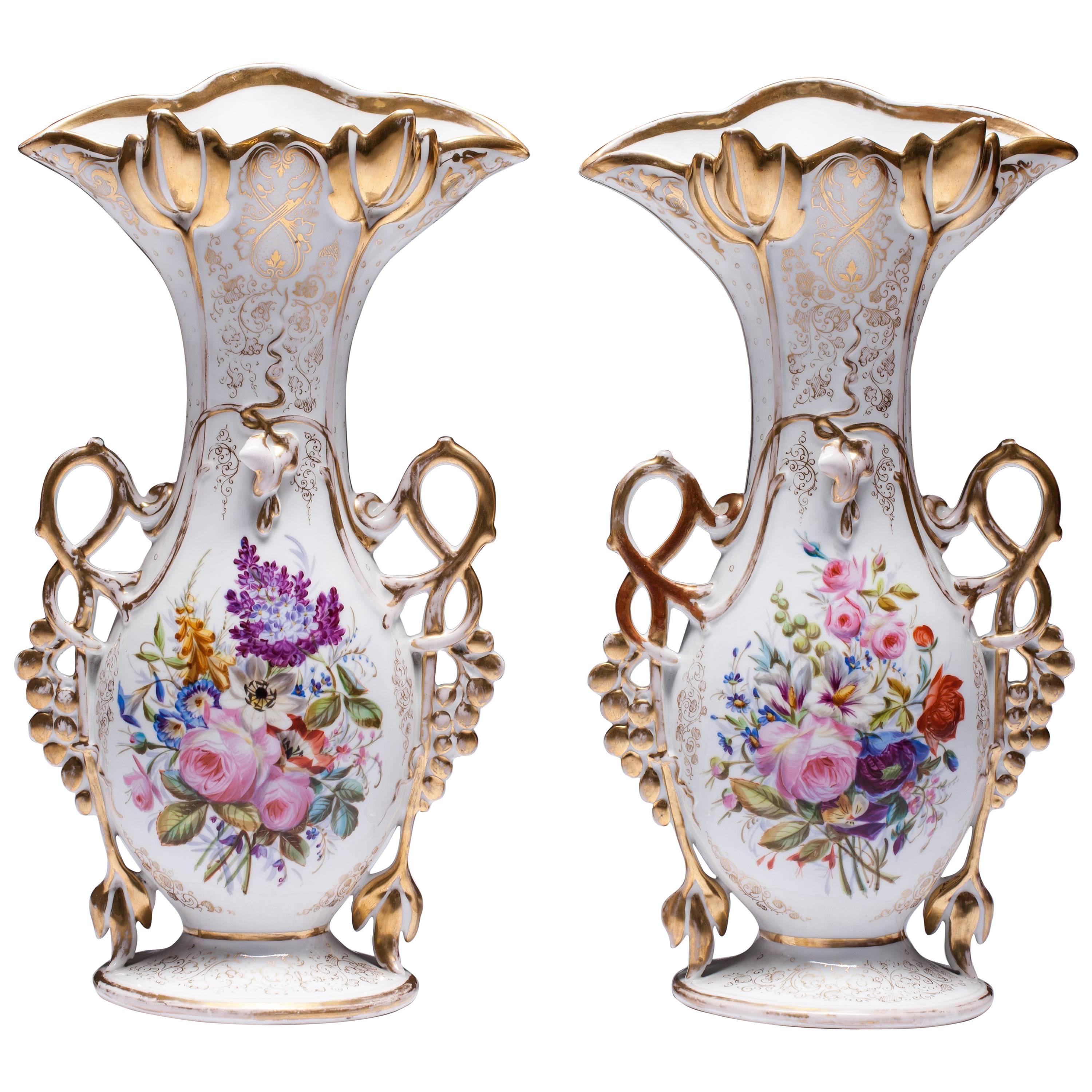 Porcelain Vases French 19th Century in Well Known Vieux Paris Porcelain Floral