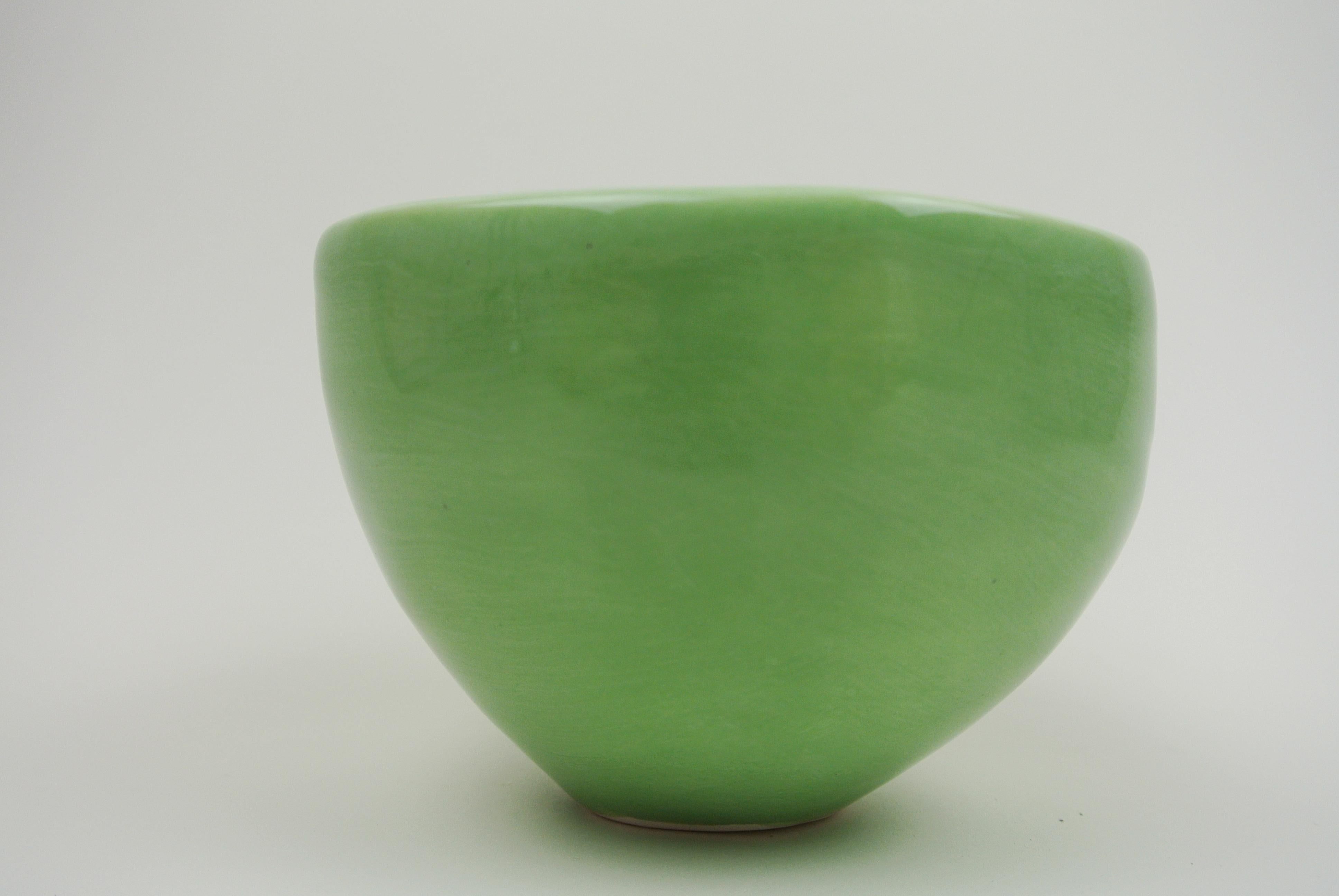 Organic Modern Porcelain Vessel with Green Glossy Glaze For Sale