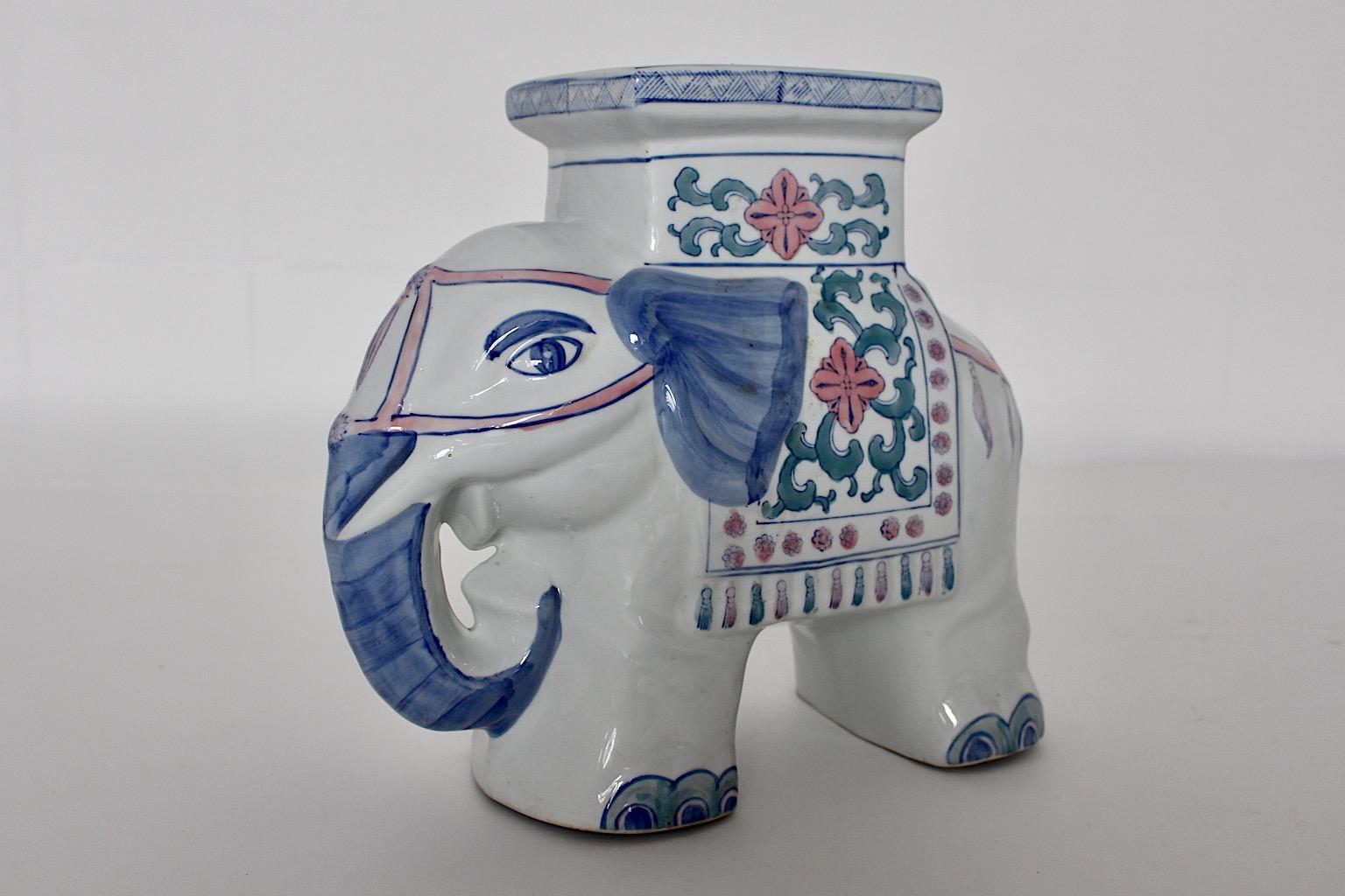 Chinoiserie Porcelain Vintage White Blue Pastel Asia Style Elephant Garden Stool 1970