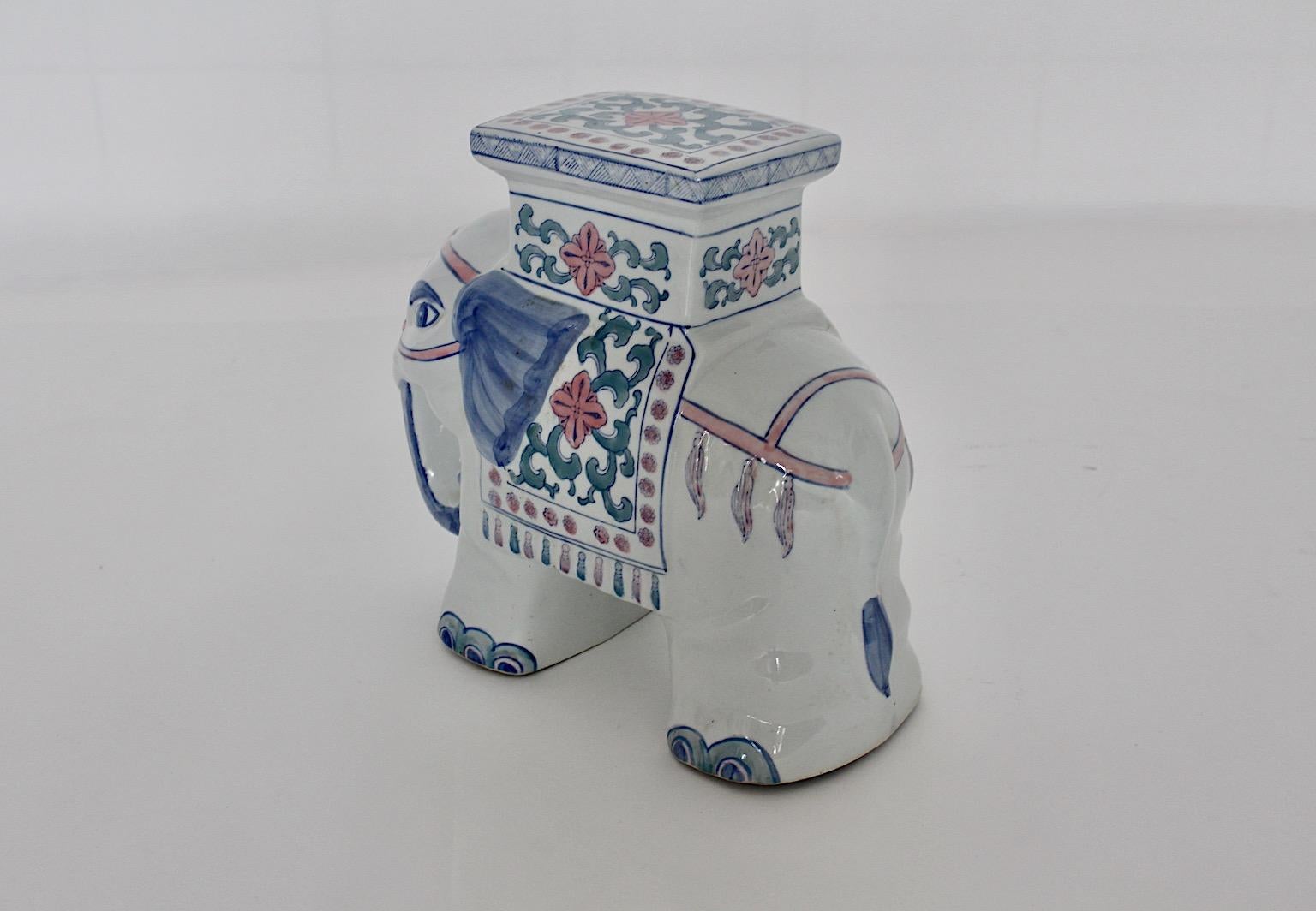 Porcelain Vintage White Blue Pastel Asia Style Elephant Garden Stool 1970 In Good Condition In Vienna, AT