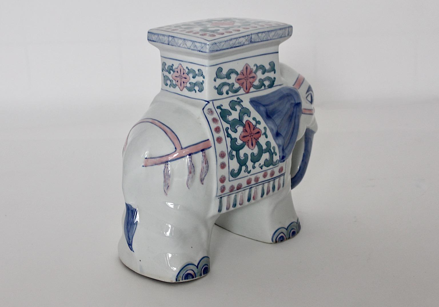 Porcelain Vintage White Blue Pastel Asia Style Elephant Garden Stool 1970 1