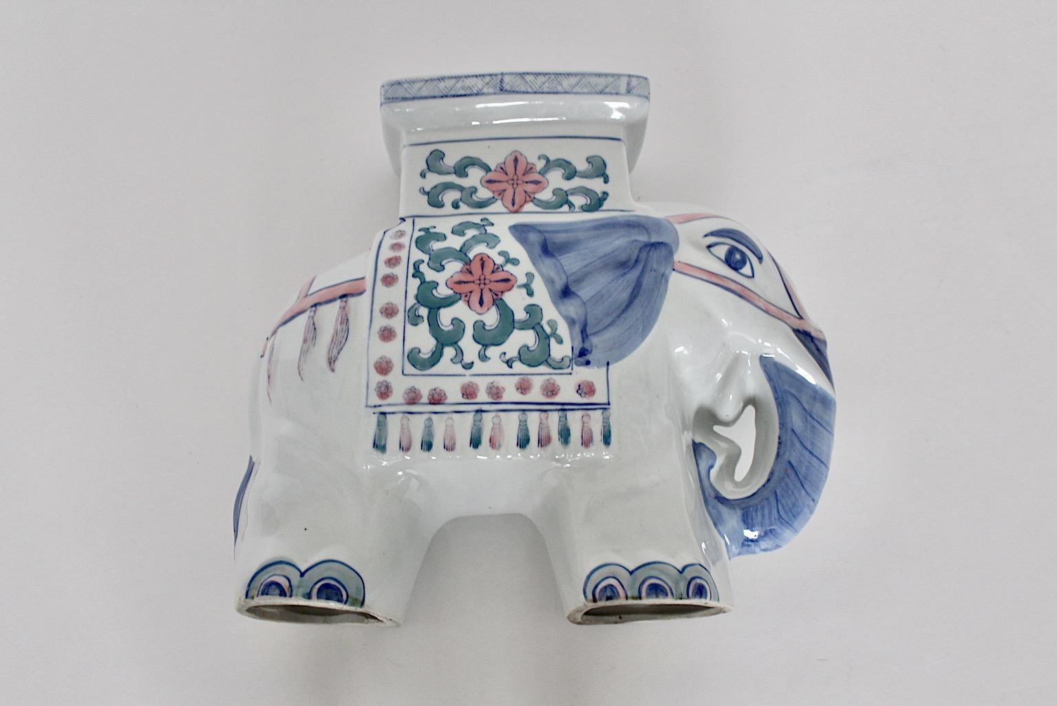Porcelain Vintage White Blue Pastel Asia Style Elephant Garden Stool 1970 2