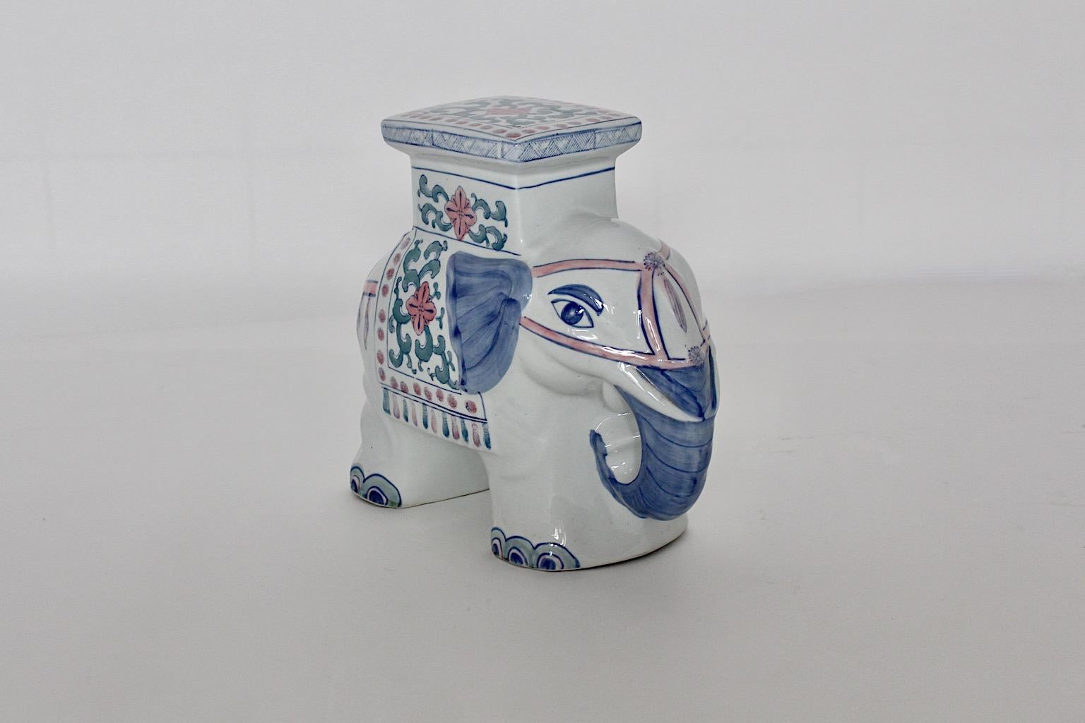 Porcelain Vintage White Blue Pastel Asia Style Elephant Garden Stool 1970 3