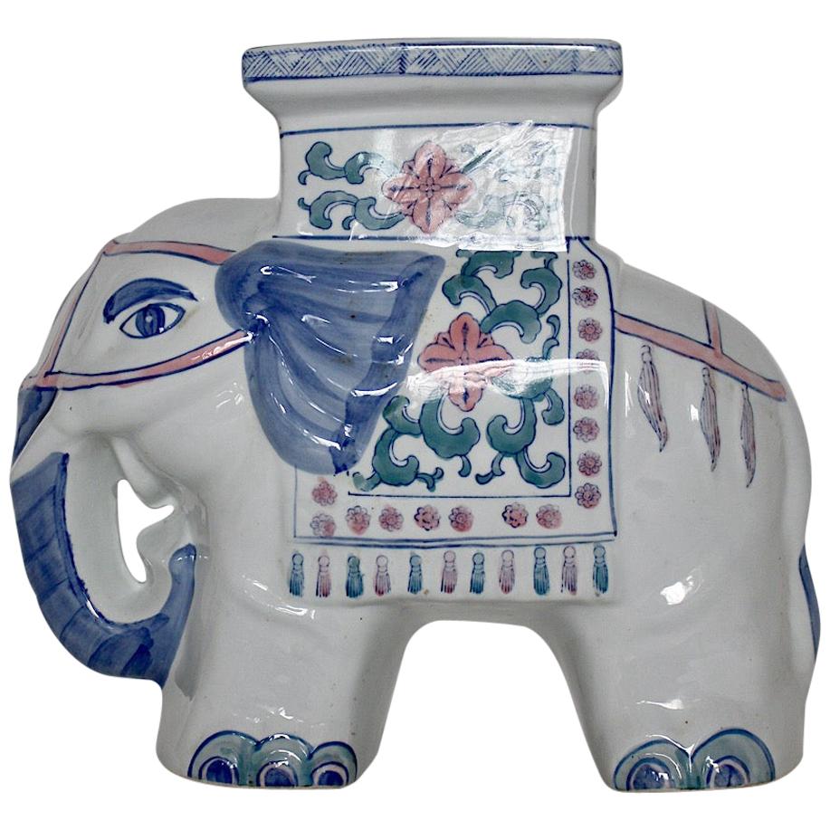 Porcelain Vintage White Blue Pastel Asia Style Elephant Garden Stool 1970