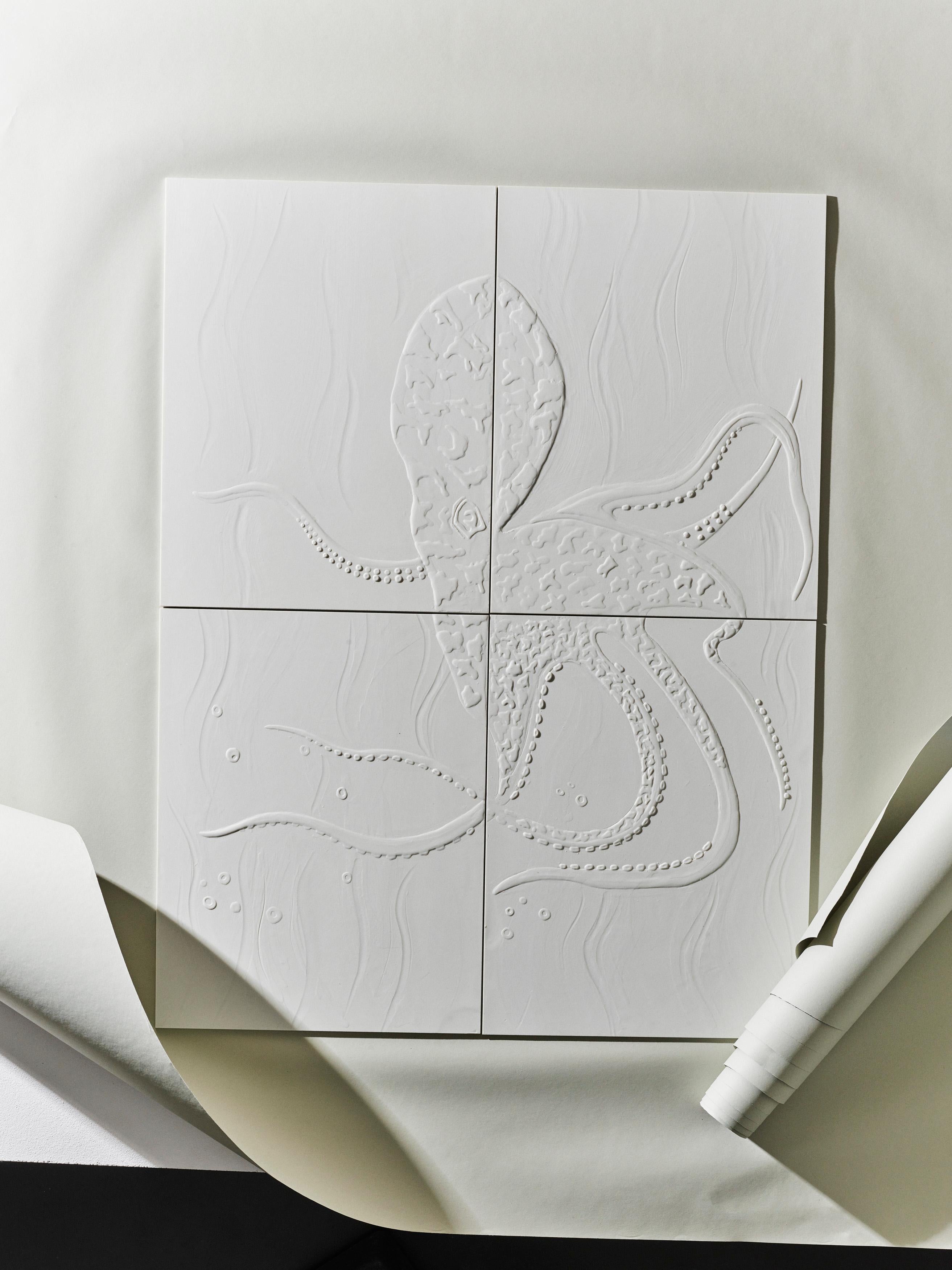 This hand cast and hand painted porcelain wall tile murals is made of fine Nymphenburg porcelain. The pate - sur- pate technique enables the Nymphenburg painters to create hand painted relief images with any topic. The octopus is an example of this