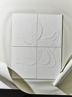 Porcelain wall mural in porcelain hand painted with pate sur pate octopus