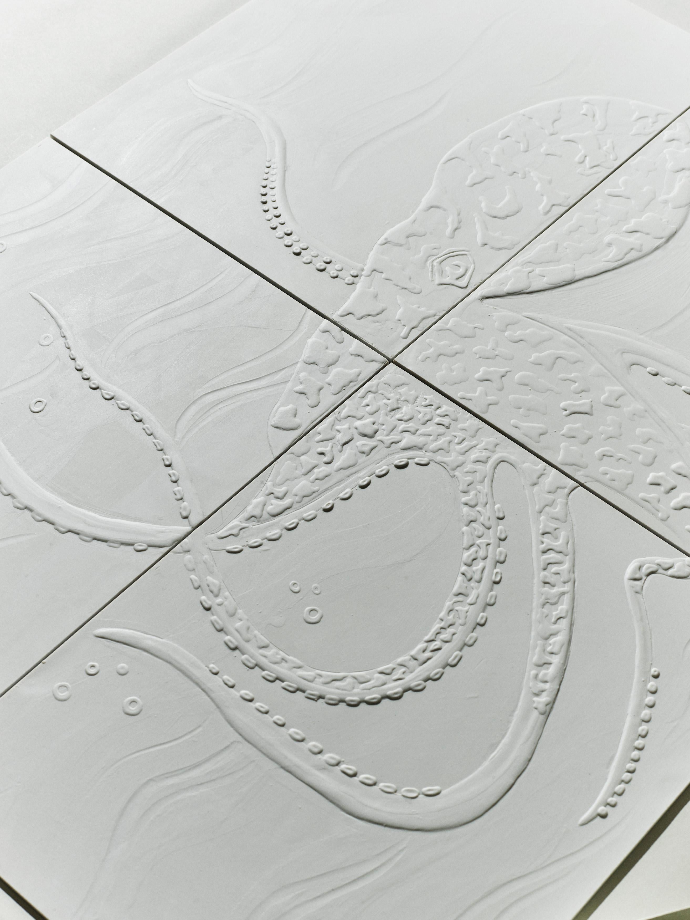 Modern Porcelain wall mural in porcelain hand painted with pate sur pate octopus For Sale