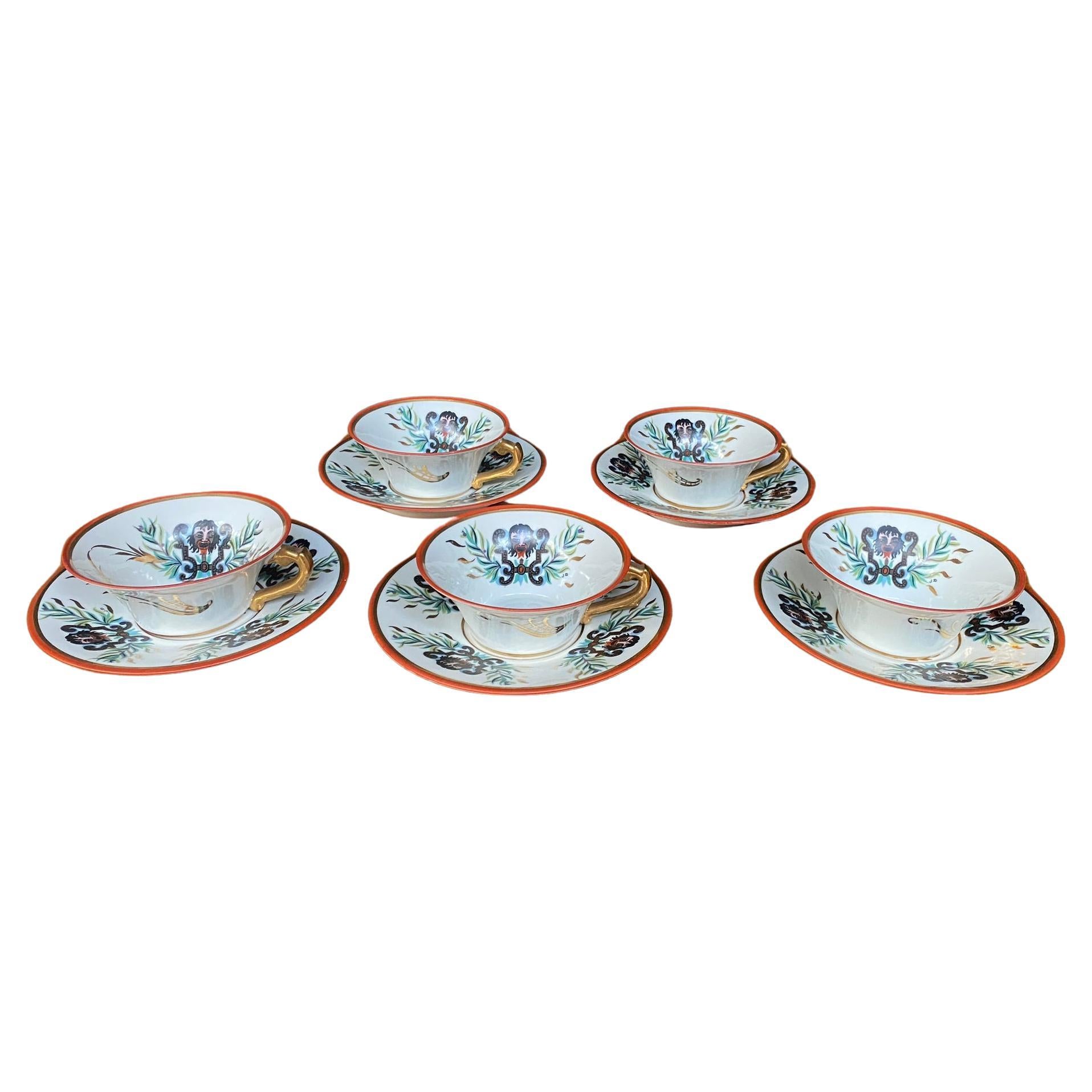 "Porcelaine de Couleuvre" (Allier, central France) 5 cups and saucers, 1950 For Sale